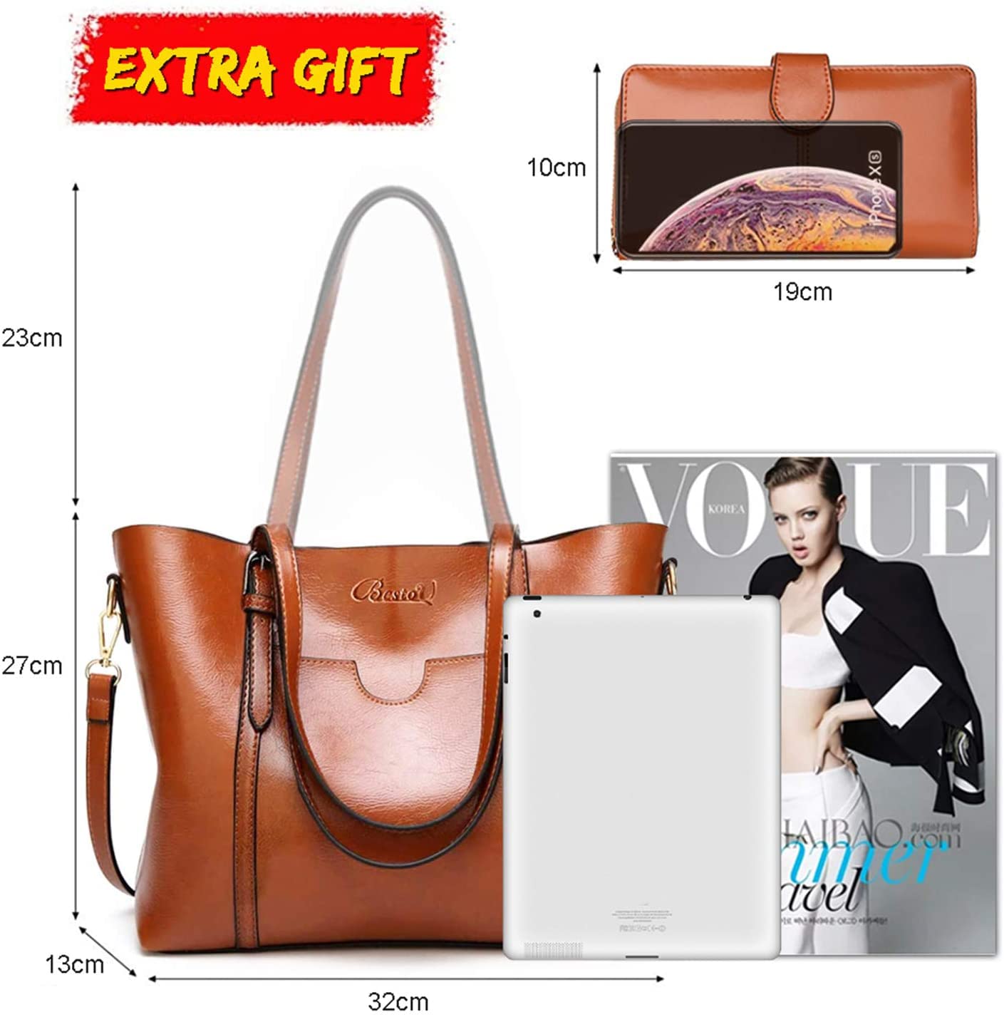 Set de 2 Bolsos de Mujer en Cuero PU Marrón – Bolso Bandolera Tote Grande y Billetera