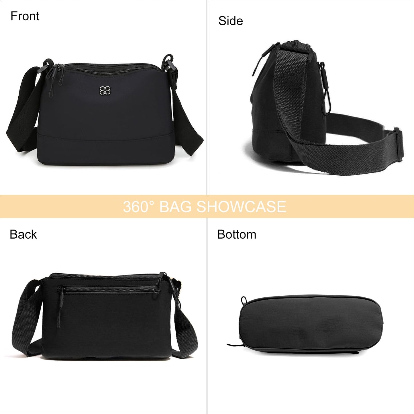 Bolso Bandolera Cruzado HENGBIRD para Mujer en Nylon Negro con Encanto de Corazón – Mediano, Multibolsillos y Bandolera Ajustable
