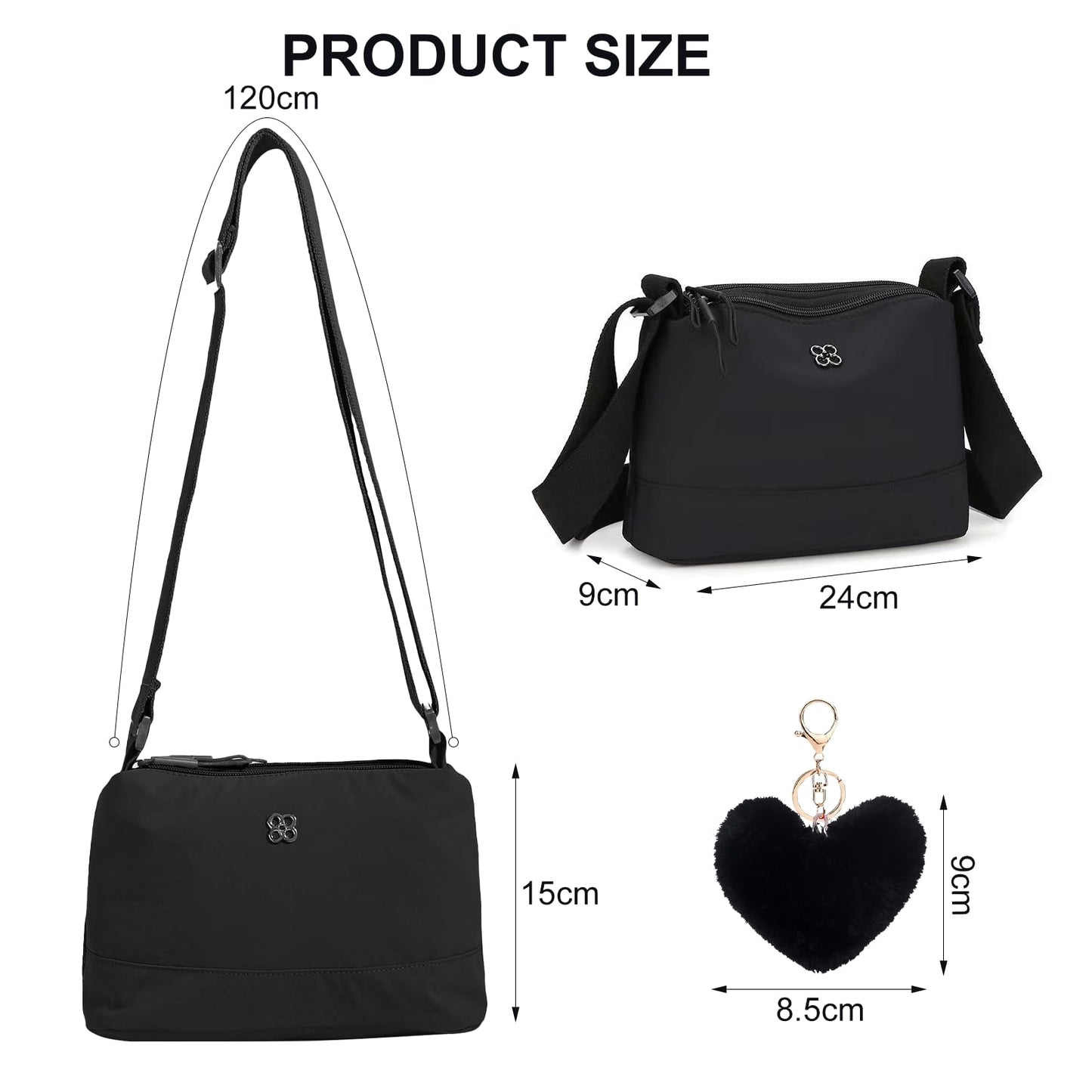 Bolso Bandolera Cruzado HENGBIRD para Mujer en Nylon Negro con Encanto de Corazón – Mediano, Multibolsillos y Bandolera Ajustable