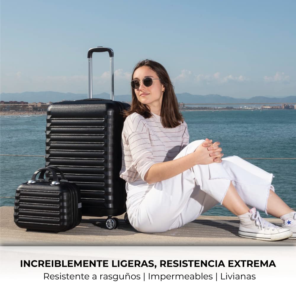 Set de 3 Maletas Rígidas NUMADA – Cabina 53 cm, Mediana 63 cm y Neceser, Resistentes y Ligeras – Color Negro
