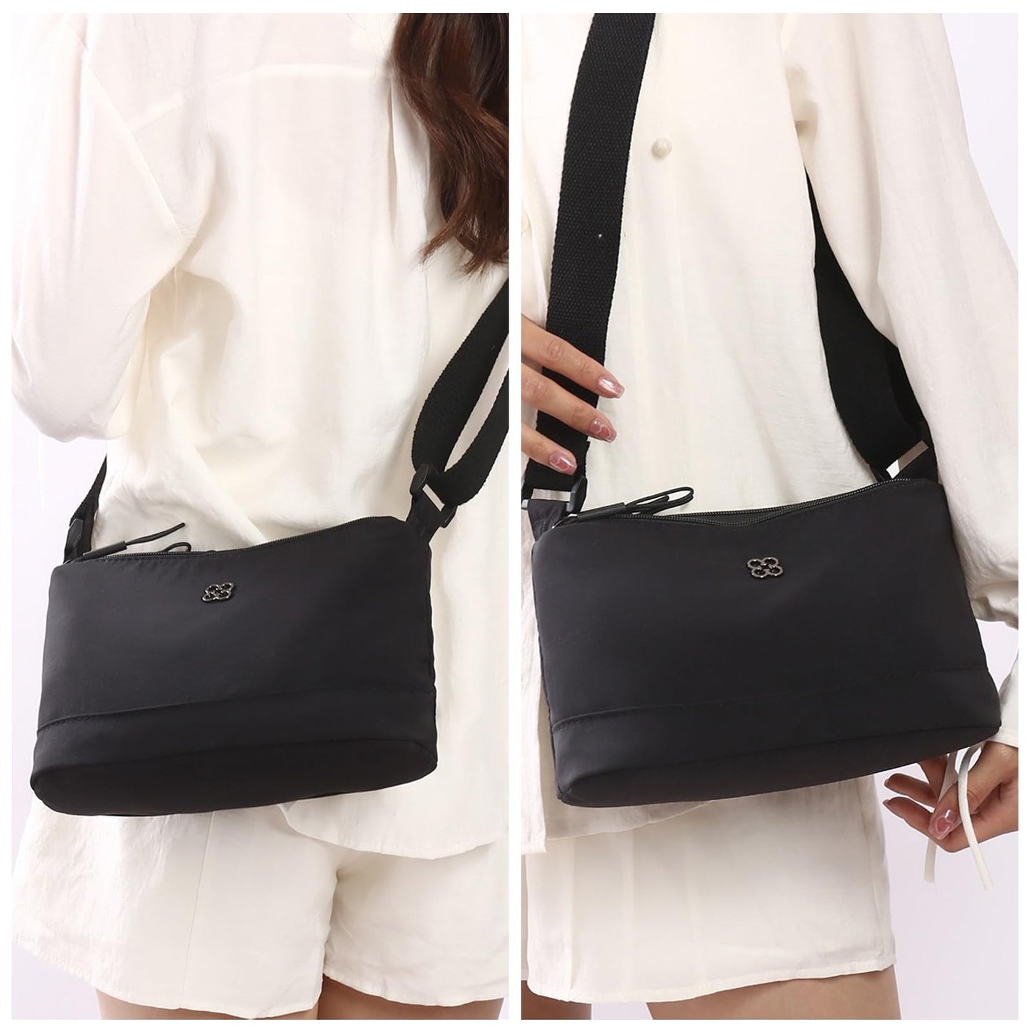 Bolso Bandolera Cruzado HENGBIRD para Mujer en Nylon Negro con Encanto de Corazón – Mediano, Multibolsillos y Bandolera Ajustable