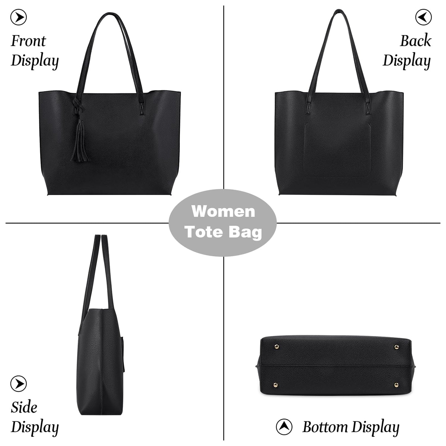 NUBILY Bolsos de Mujer Bolso Mujer Bolso Shopper Grandes Mujer Cuero PU Tote Bag para Universitarias Borla Bolsa de Playa Impermeable 2Pcs Set Negro