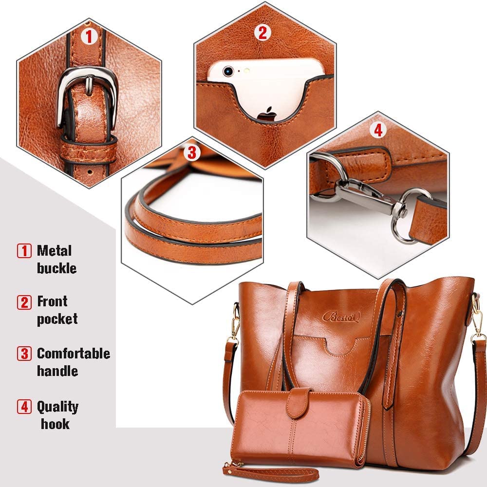 Set de 2 Bolsos de Mujer en Cuero PU Marrón – Bolso Bandolera Tote Grande y Billetera