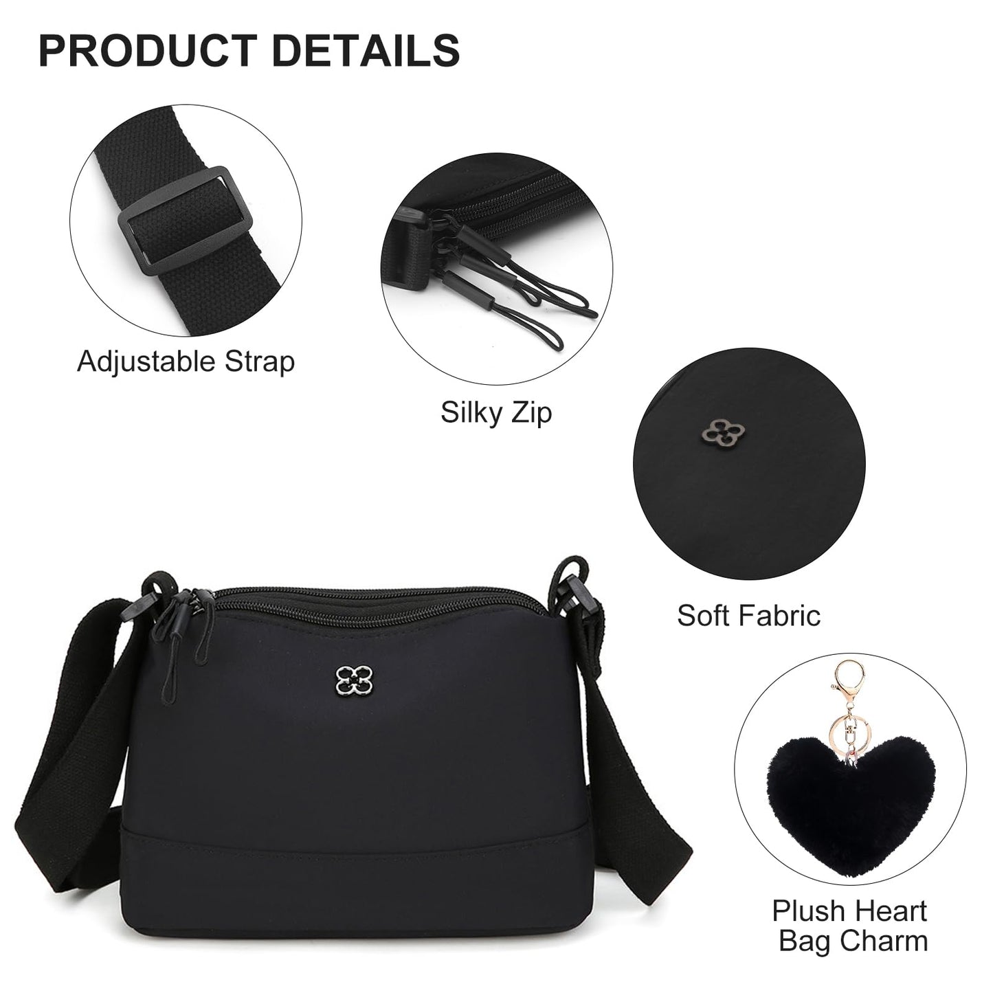 Bolso Bandolera Cruzado HENGBIRD para Mujer en Nylon Negro con Encanto de Corazón – Mediano, Multibolsillos y Bandolera Ajustable