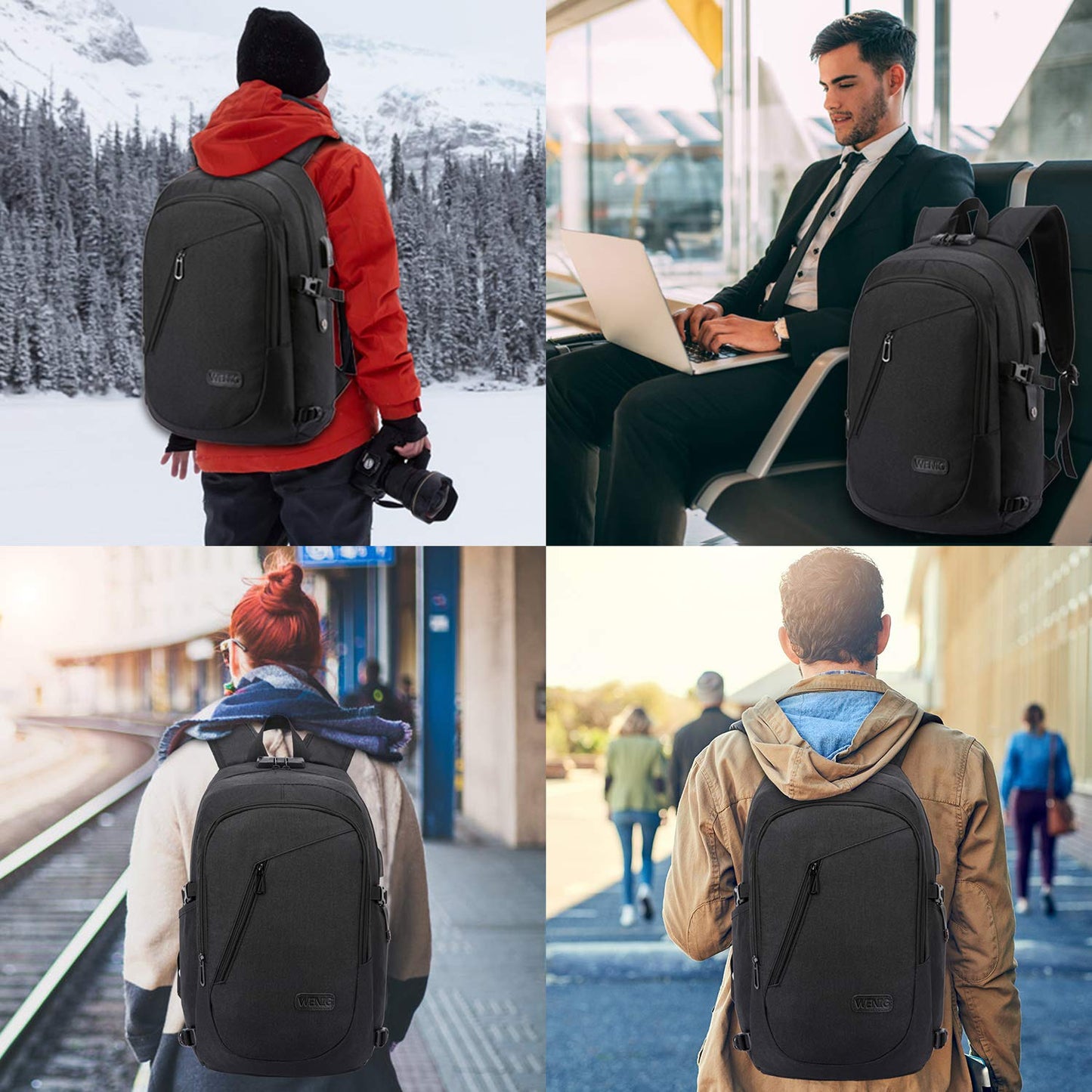 Mochila Antirrobo Impermeable WENIG para Hombre – Para Portátil 15.6" con Puerto USB, Ideal para Negocios, Trabajo y Viajes, Color Negro