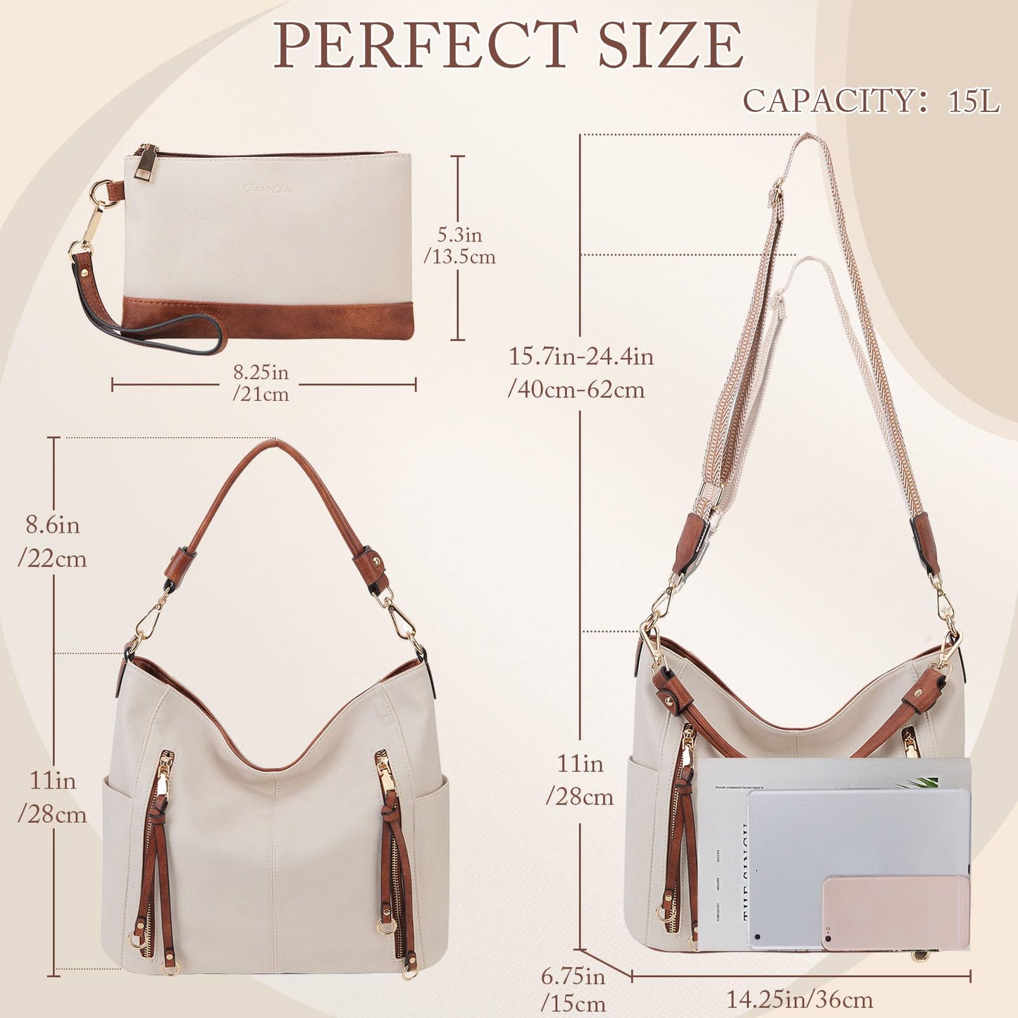 Set de 2 Bolsos Chase Chic para Mujer en Cuero PU – Hobo, Bandolera y Tote Grande, Colores Blanco y Marrón