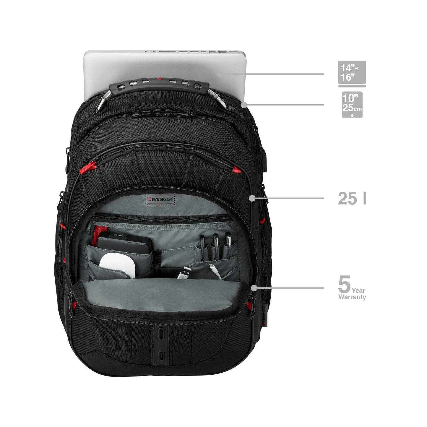 Mochila Wenger Pegasus Deluxe para Portátil 14-16" y Tableta hasta 10" – 25 L, Unisex, Ideal para Oficina, Universidad y Viajes, Color Negro
