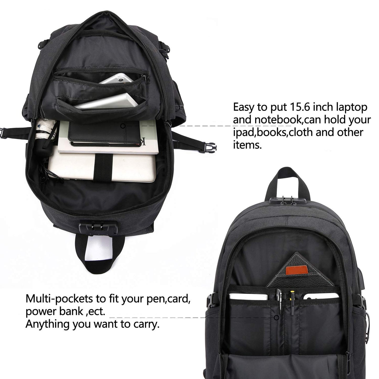 Mochila Antirrobo Impermeable WENIG para Hombre – Para Portátil 15.6" con Puerto USB, Ideal para Negocios, Trabajo y Viajes, Color Negro