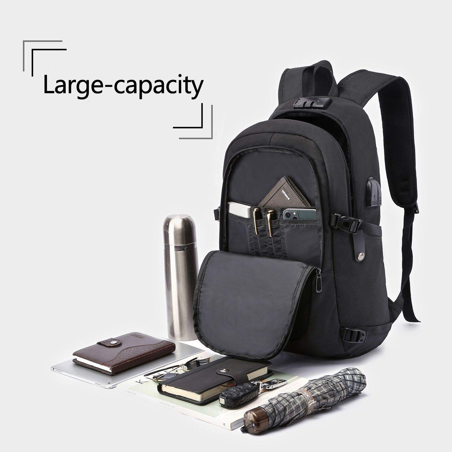 Mochila Antirrobo Impermeable WENIG para Hombre – Para Portátil 15.6" con Puerto USB, Ideal para Negocios, Trabajo y Viajes, Color Negro