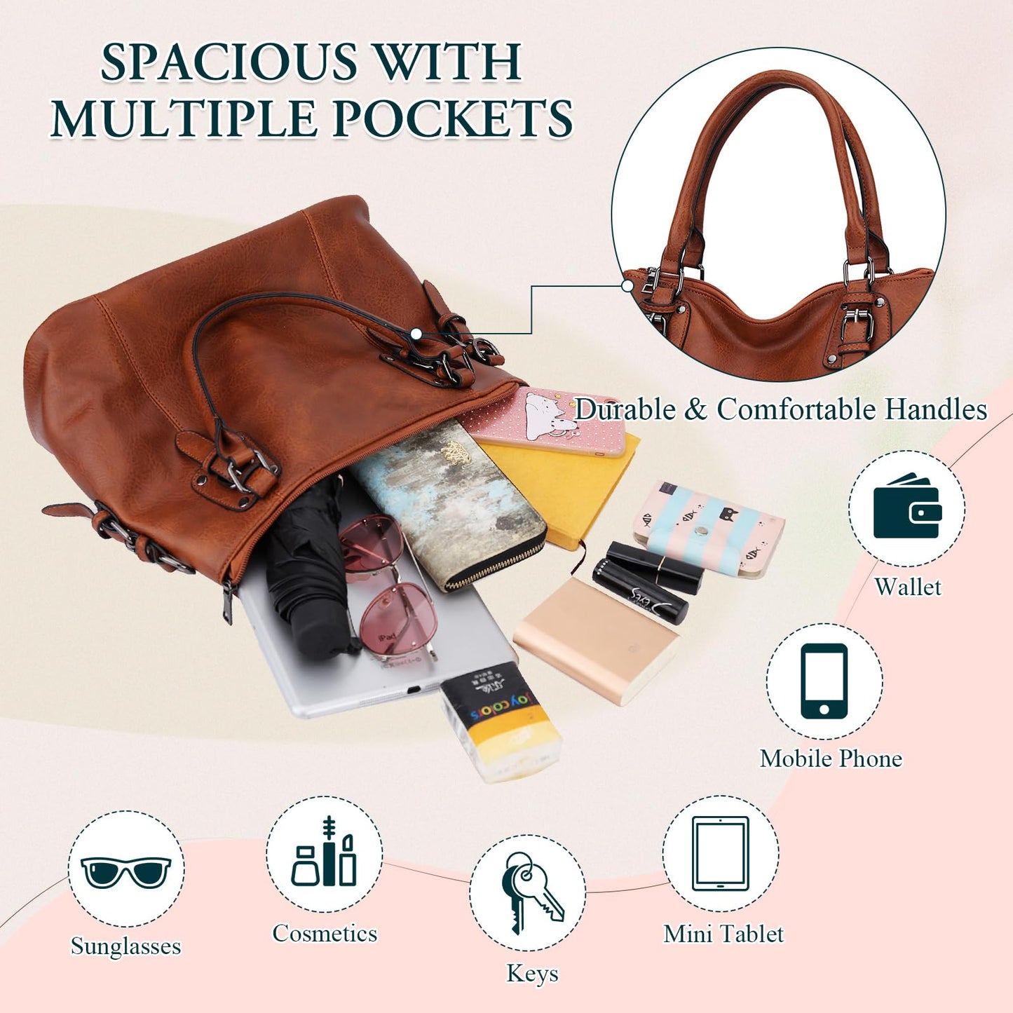 Bolso Bandolera MayBlosom para Mujer en Cuero PU con Correa Desmontable – Grande con Bolsillo Trasero, Ideal para Diario, Compras y Trabajo