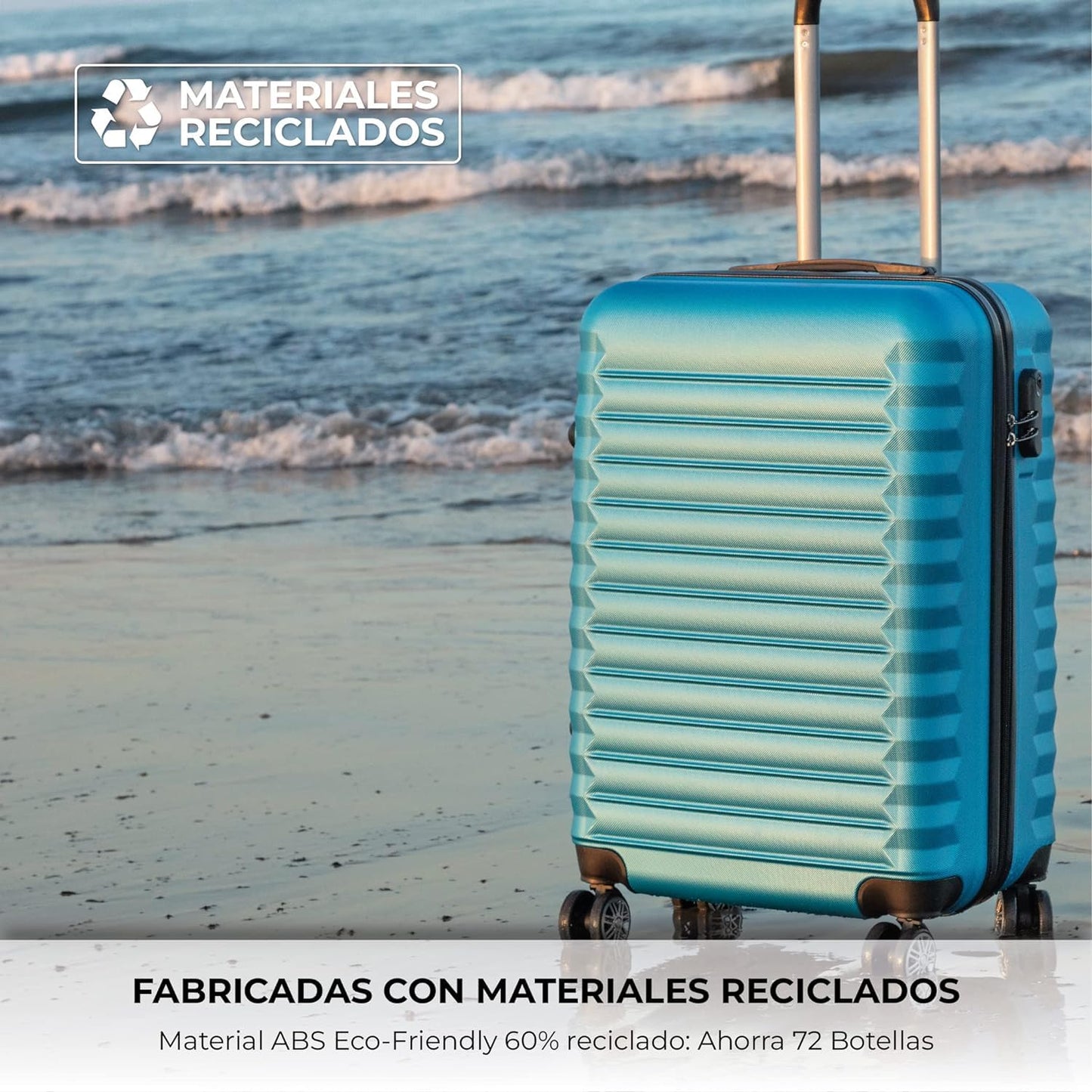 Set de Maletas Rígidas NUMADA 4 Piezas – Cabina 53 cm, Mediana 63 cm, Grande 75 cm y Neceser, ABS Eco Friendly, 4 Ruedas Dobles, Cierre de Combinación – Azul Eléctrico