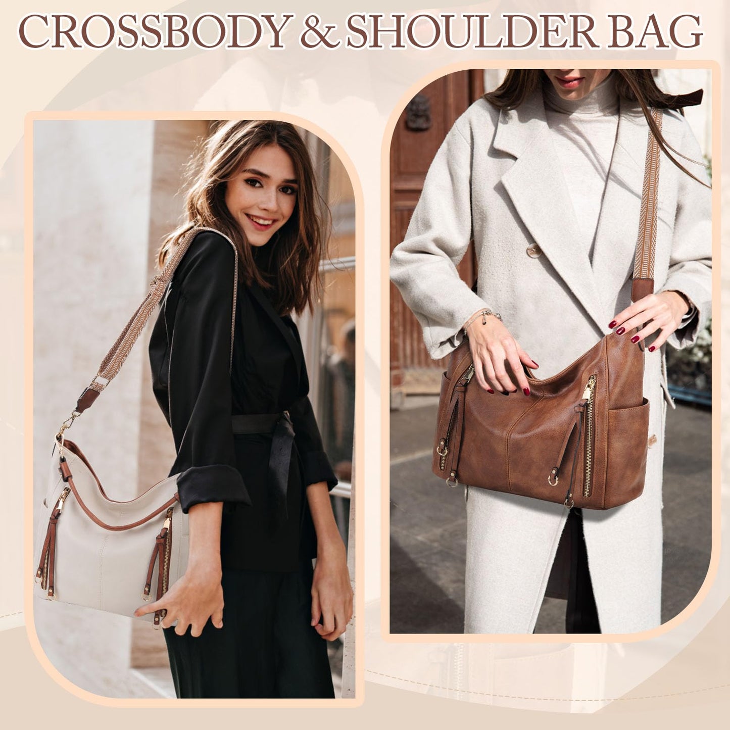 Set de 2 Bolsos Chase Chic para Mujer en Cuero PU – Hobo, Bandolera y Tote Grande, Colores Blanco y Marrón