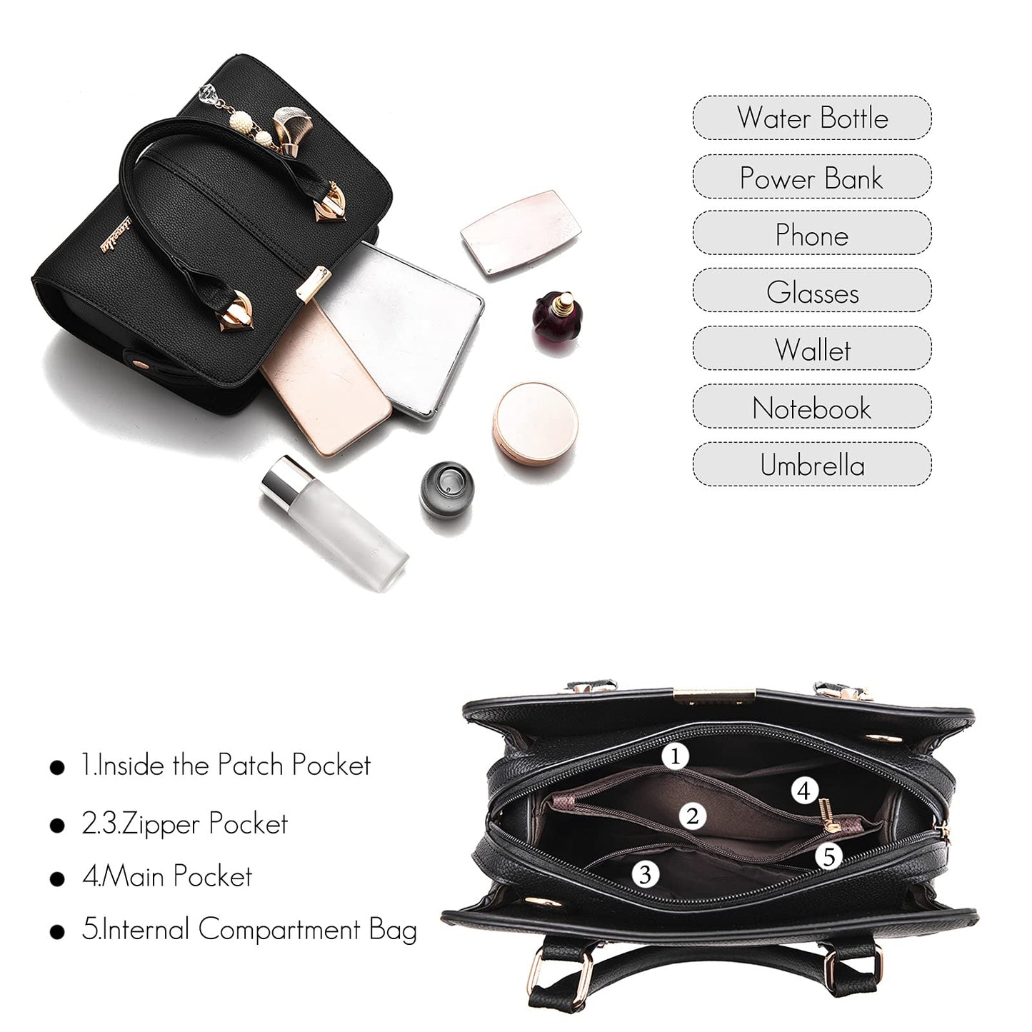 Set de 2 Bolsos Shopper NUBILY para Mujer en Cuero PU – Tote Bag Grande con Borla, Impermeable, Color Negro