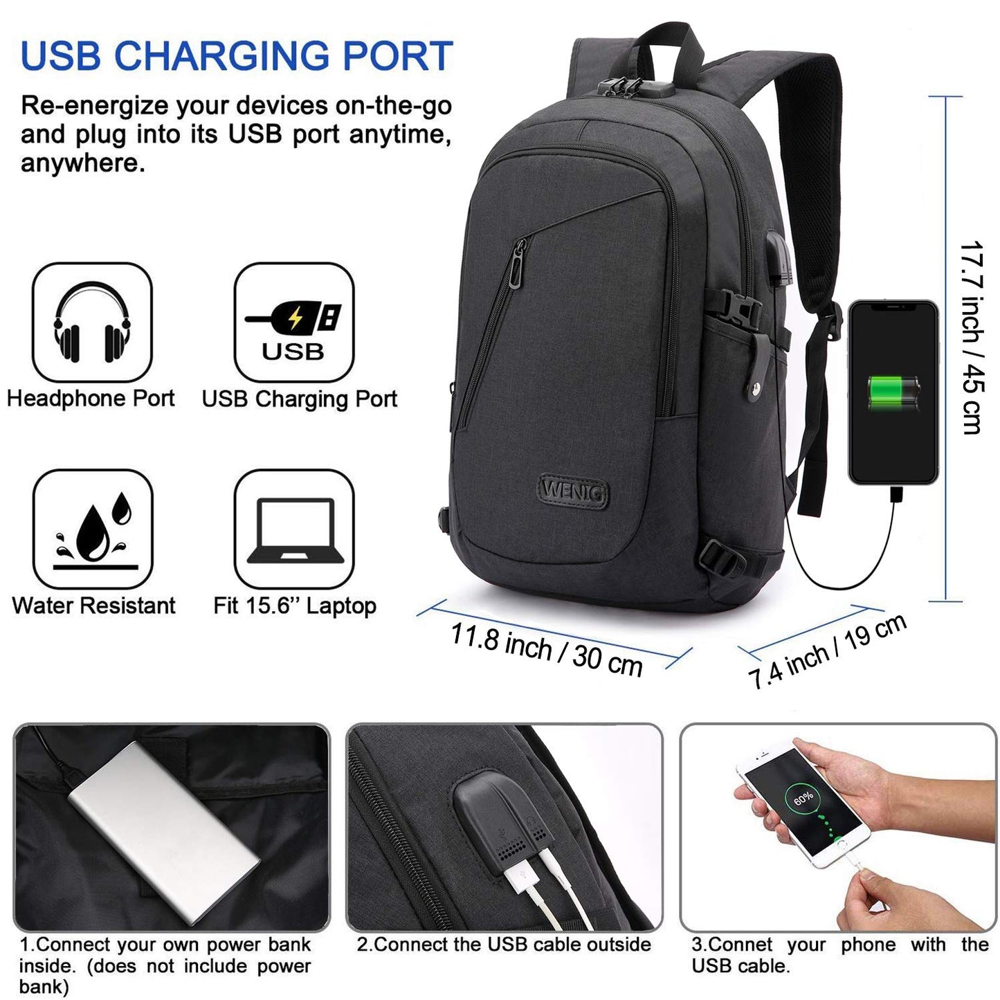 Mochila Antirrobo Impermeable WENIG para Hombre – Para Portátil 15.6" con Puerto USB, Ideal para Negocios, Trabajo y Viajes, Color Negro