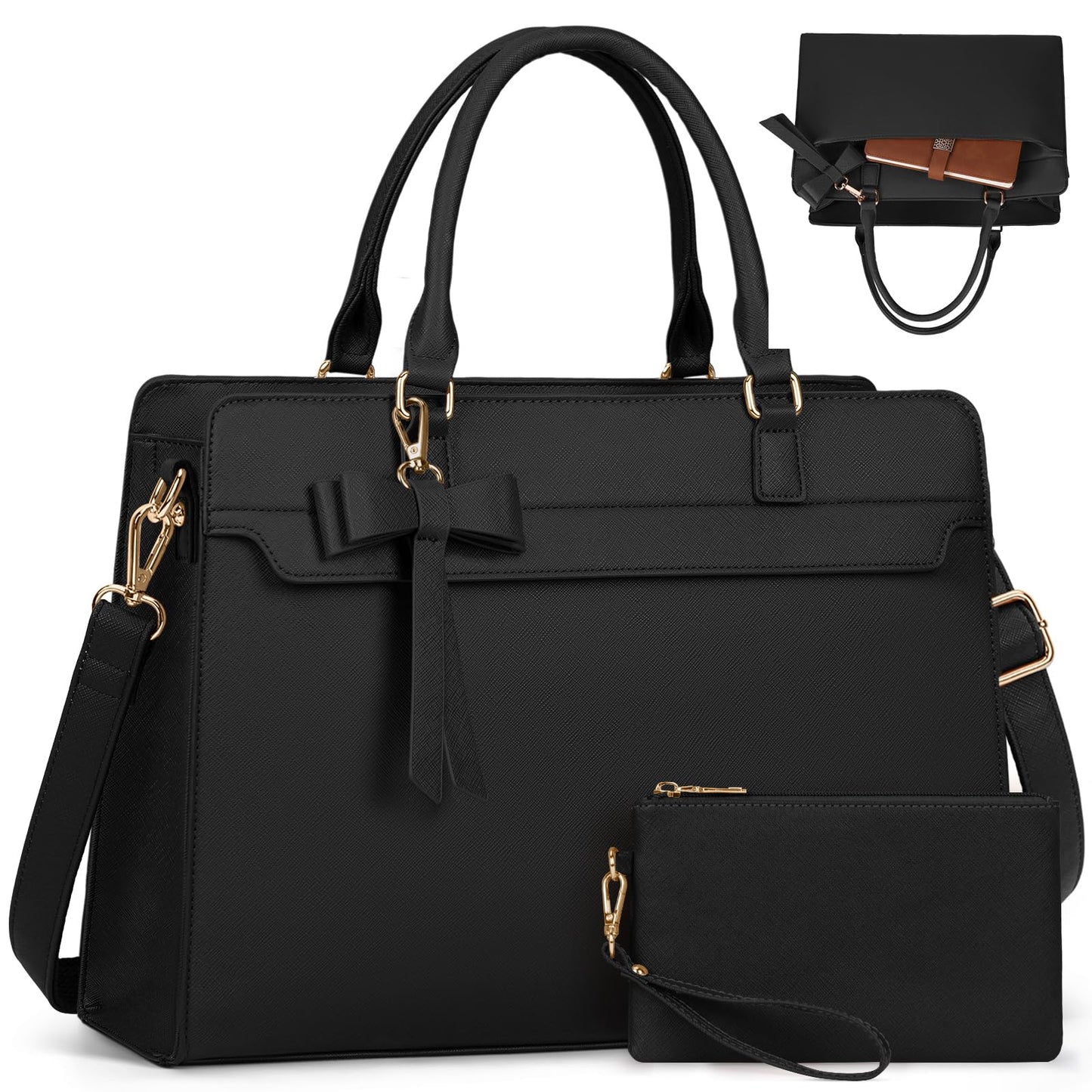 Set de 2 Bolsos Grandes RAINSMORE para Mujer en Cuero PU Impermeable – Shopper Tote para Laptop 15.6", Ideal para Universidad y Oficina, Negro
