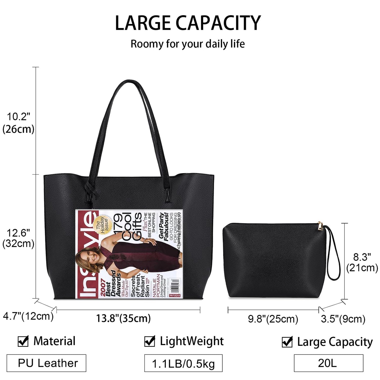 NUBILY Bolsos de Mujer Bolso Mujer Bolso Shopper Grandes Mujer Cuero PU Tote Bag para Universitarias Borla Bolsa de Playa Impermeable 2Pcs Set Negro