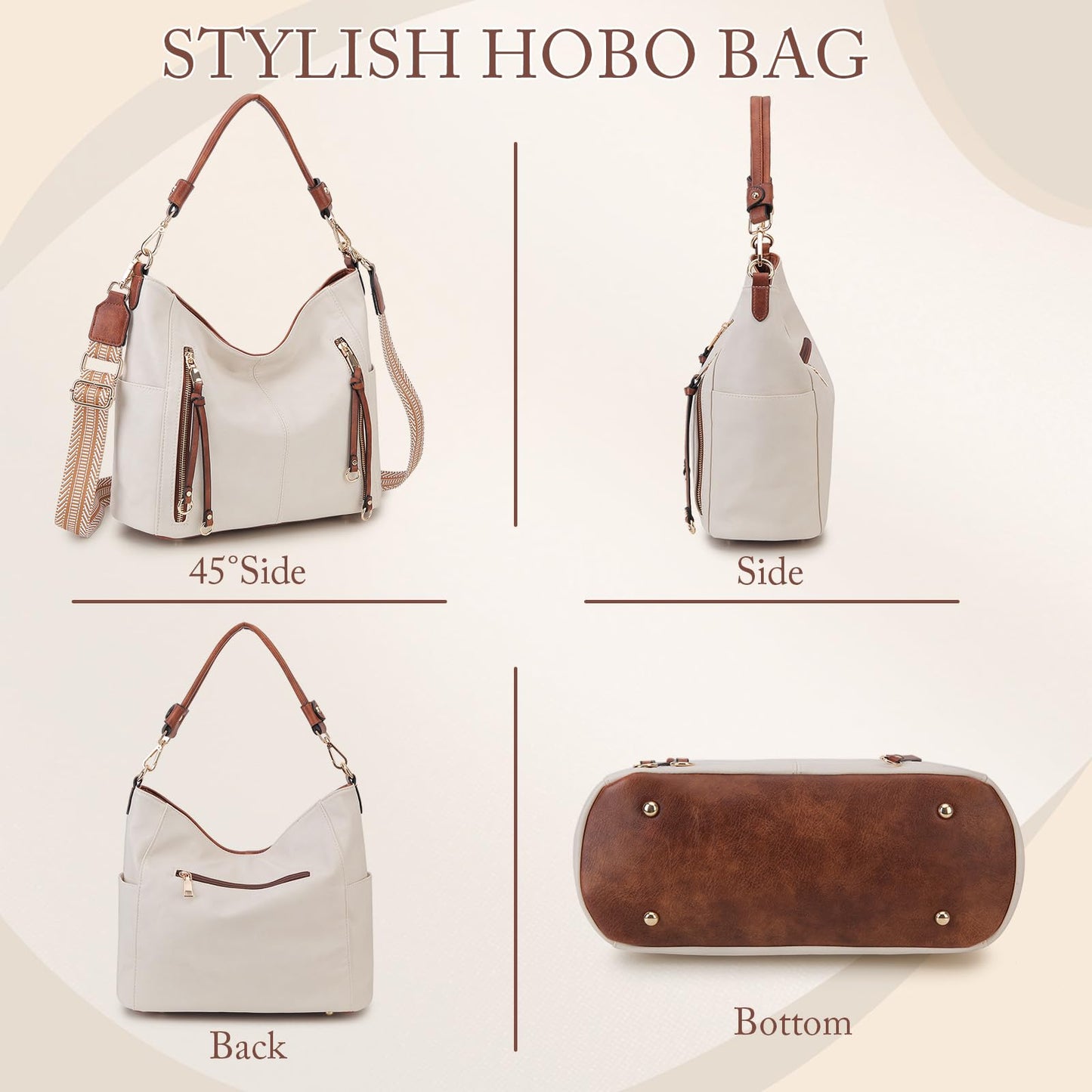 Set de 2 Bolsos Chase Chic para Mujer en Cuero PU – Hobo, Bandolera y Tote Grande, Colores Blanco y Marrón