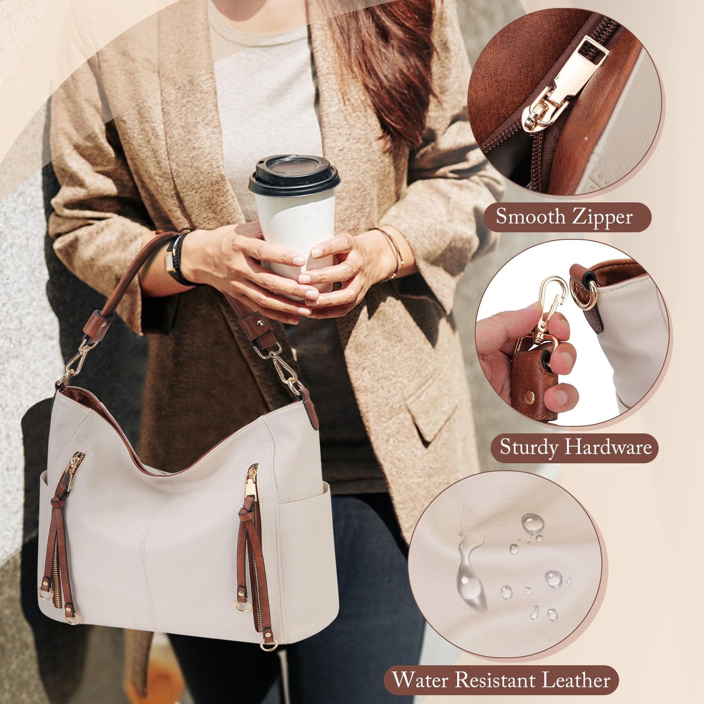 Set de 2 Bolsos Chase Chic para Mujer en Cuero PU – Hobo, Bandolera y Tote Grande, Colores Blanco y Marrón