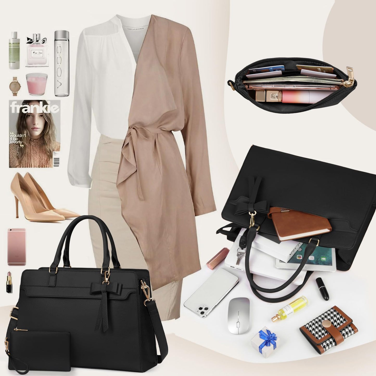 Set de 2 Bolsos Grandes RAINSMORE para Mujer en Cuero PU Impermeable – Shopper Tote para Laptop 15.6", Ideal para Universidad y Oficina, Negro