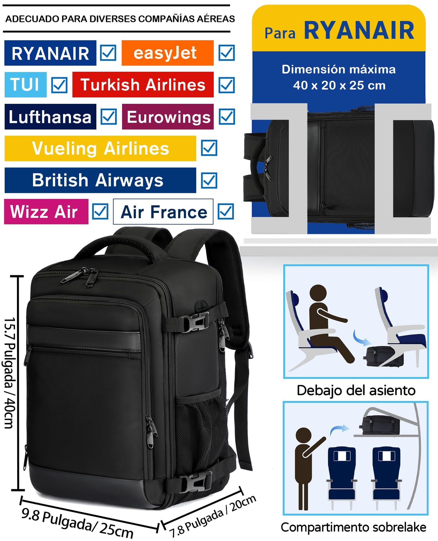 Mochila KLOSTAIN para Viaje de Cabina 40x20x25 cm – Equipaje de Mano 20L para Portátil 14", Unisex, Ideal para Trabajo y Escuela, Color Negro