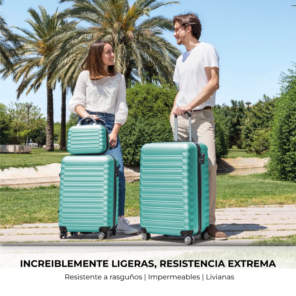 Set de 4 Maletas Rígidas NUMADA – Cabina 53 cm, Mediana 63 cm, Grande 75 cm y Neceser, ABS Eco Friendly, 4 Ruedas Dobles, Cierre de Combinación – Verde