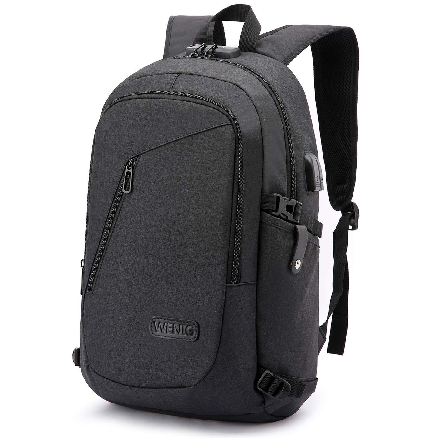 Mochila Antirrobo Impermeable WENIG para Hombre – Para Portátil 15.6" con Puerto USB, Ideal para Negocios, Trabajo y Viajes, Color Negro