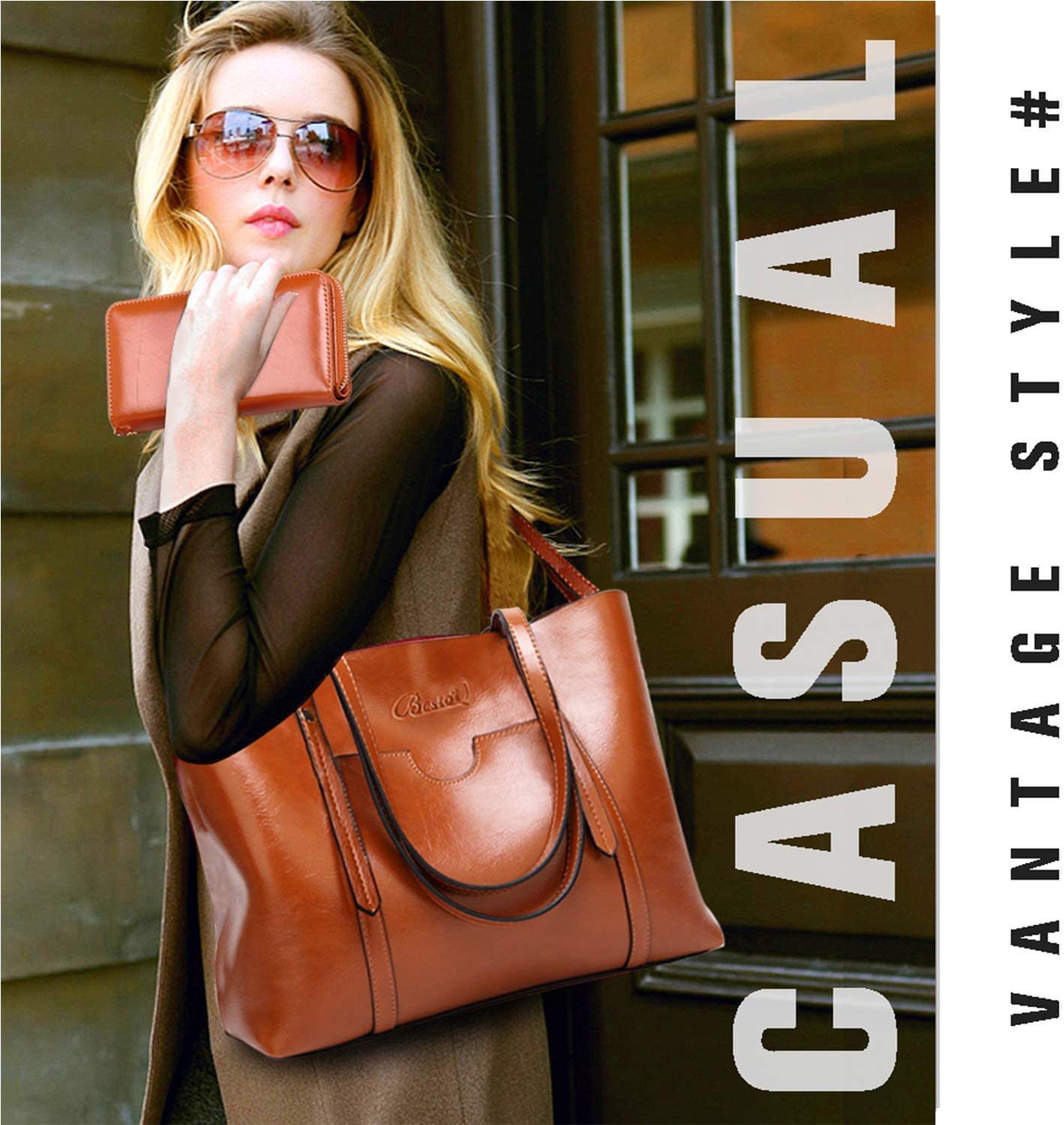 Set de 2 Bolsos de Mujer en Cuero PU Marrón – Bolso Bandolera Tote Grande y Billetera