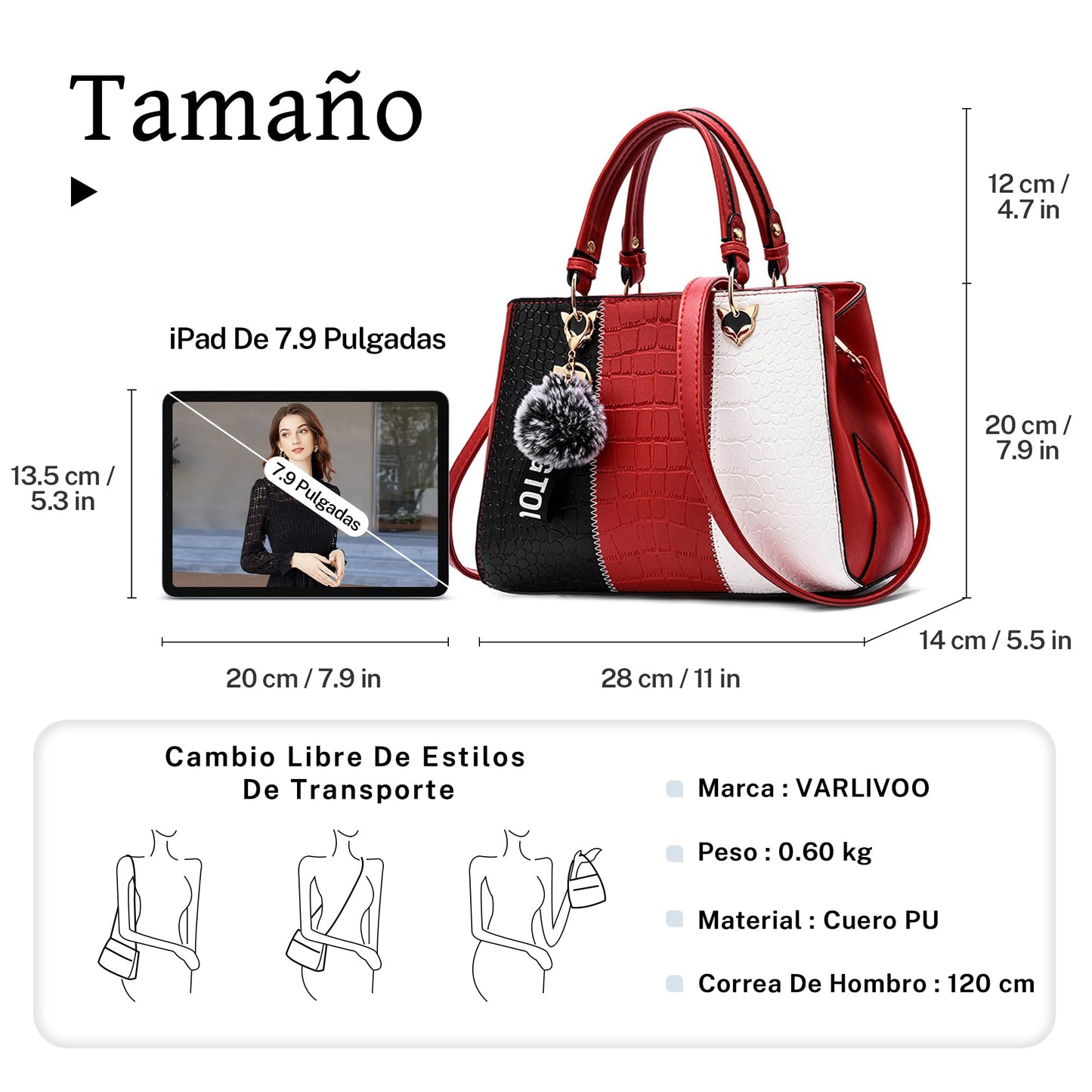 Bolso Casual VARLIVOO para Mujer en Cuero PU Impermeable con Patrón Cocodrilo – Bandolera, Mano y Tote