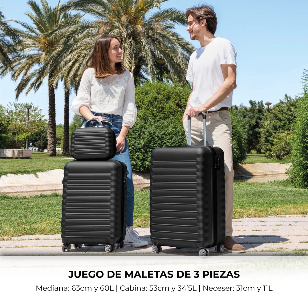 Set de 3 Maletas Rígidas NUMADA – Cabina 53 cm, Mediana 63 cm y Neceser, Resistentes y Ligeras – Color Negro