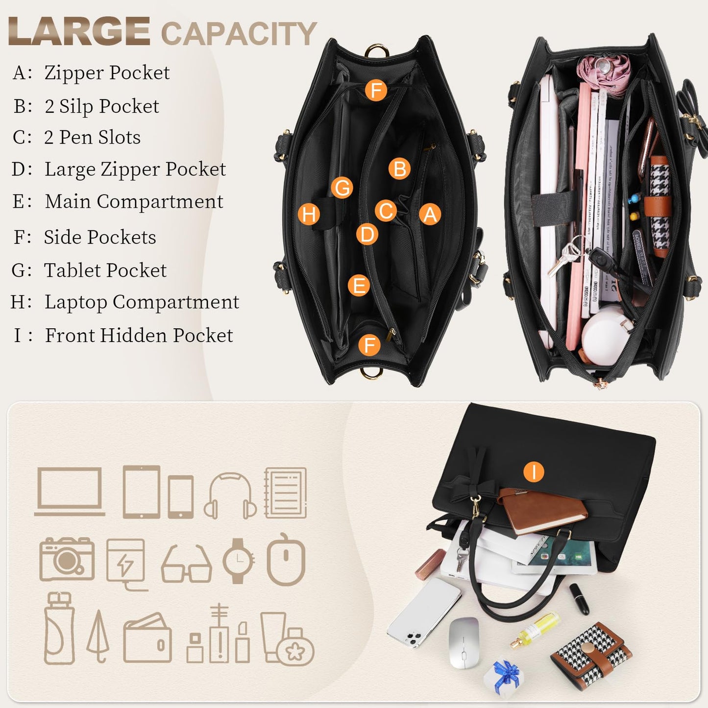 Set de 2 Bolsos Grandes RAINSMORE para Mujer en Cuero PU Impermeable – Shopper Tote para Laptop 15.6", Ideal para Universidad y Oficina, Negro