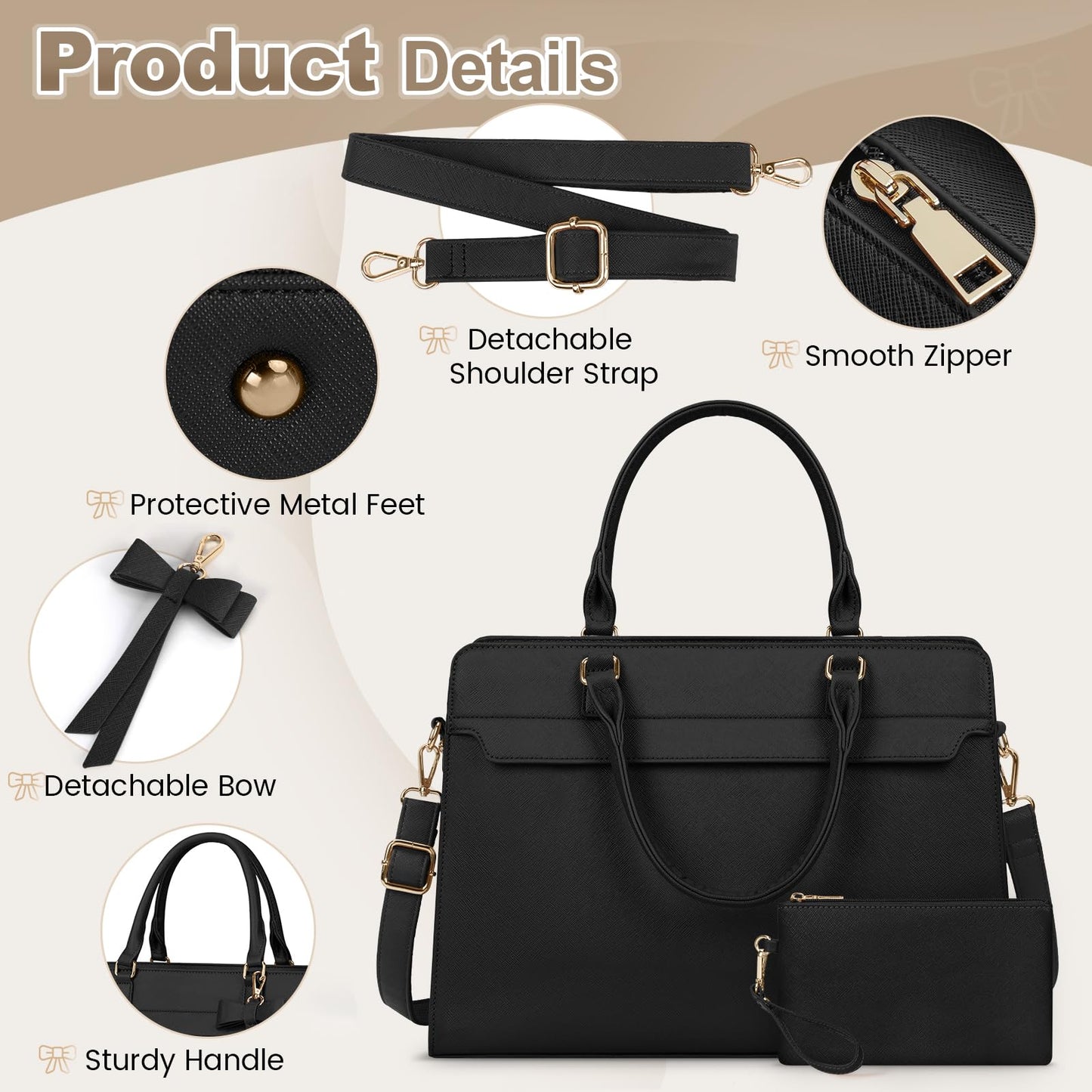 Set de 2 Bolsos Grandes RAINSMORE para Mujer en Cuero PU Impermeable – Shopper Tote para Laptop 15.6", Ideal para Universidad y Oficina, Negro