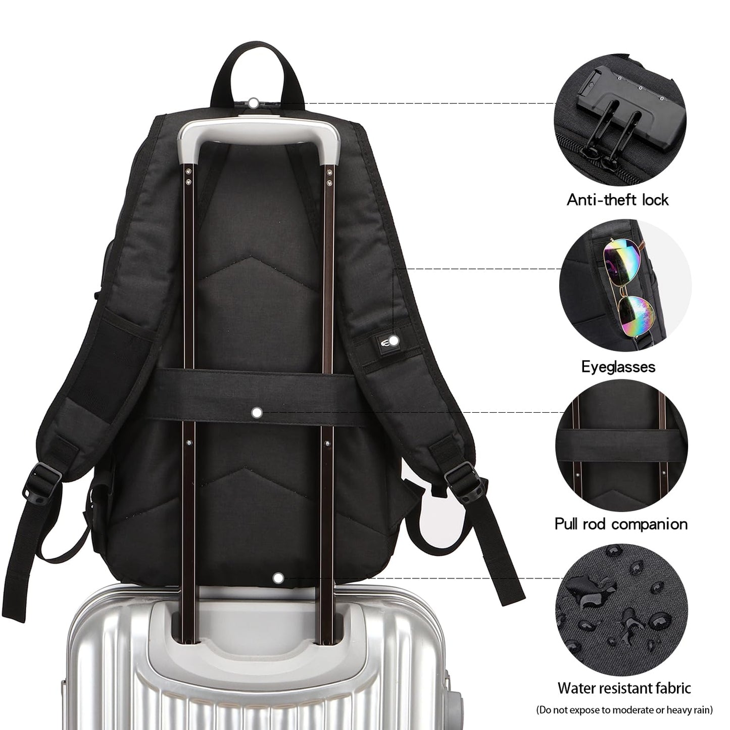Mochila Antirrobo Impermeable WENIG para Hombre – Para Portátil 15.6" con Puerto USB, Ideal para Negocios, Trabajo y Viajes, Color Negro
