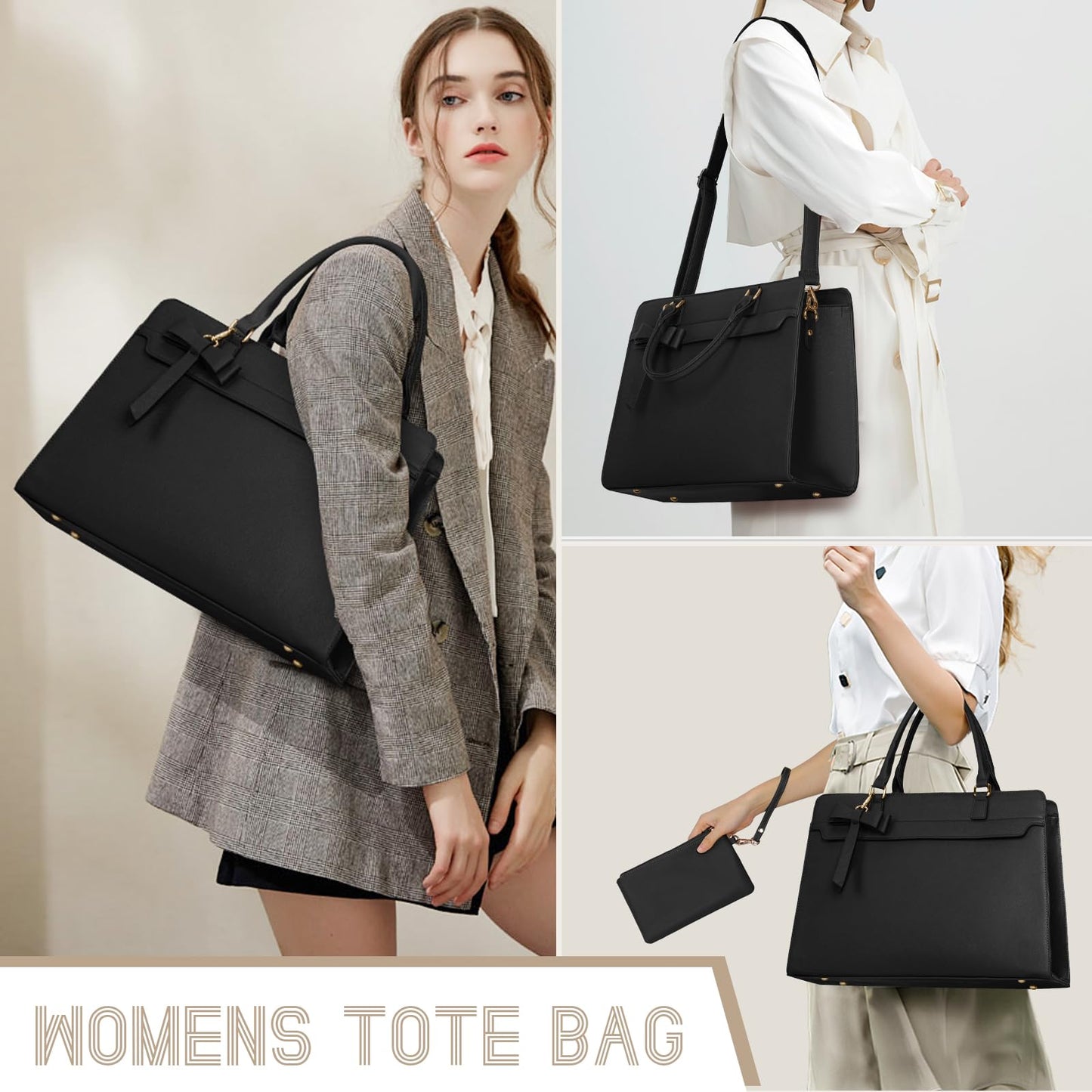 Set de 2 Bolsos Grandes RAINSMORE para Mujer en Cuero PU Impermeable – Shopper Tote para Laptop 15.6", Ideal para Universidad y Oficina, Negro
