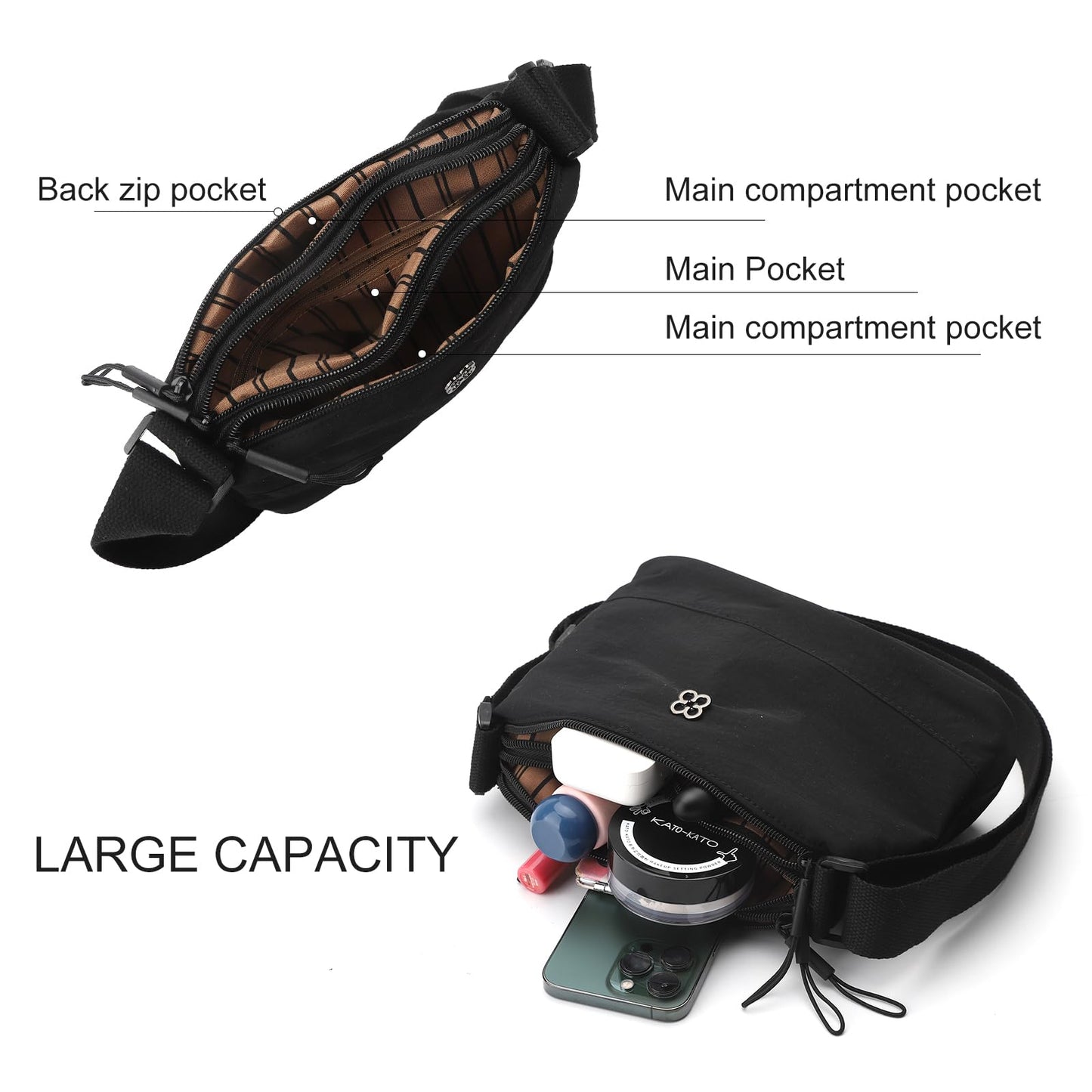 Bolso Bandolera Cruzado HENGBIRD para Mujer en Nylon Negro con Encanto de Corazón – Mediano, Multibolsillos y Bandolera Ajustable