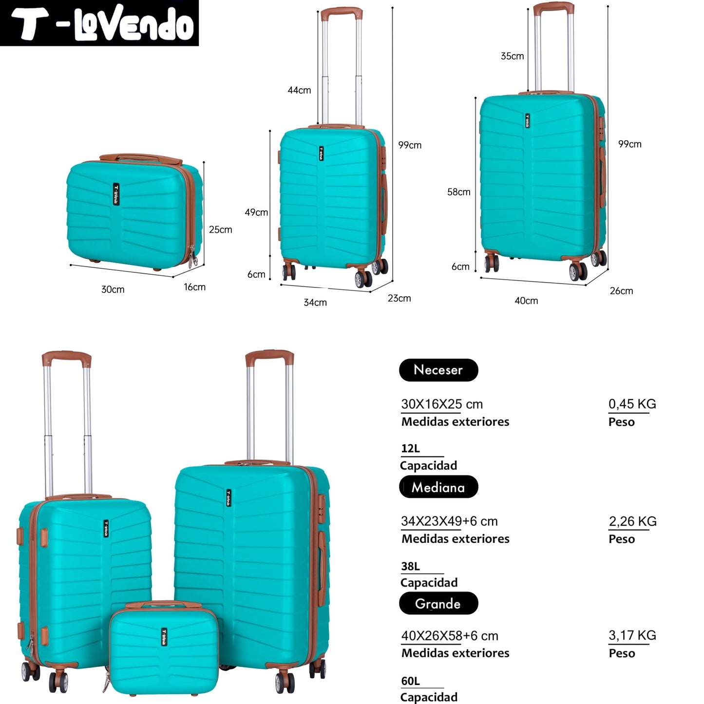 Set de 3 Maletas de Viaje con 4 Ruedas Dobles, Neceser, Cerradura de Combinación y Asa Telescópica – Ligera y Resistente ABS