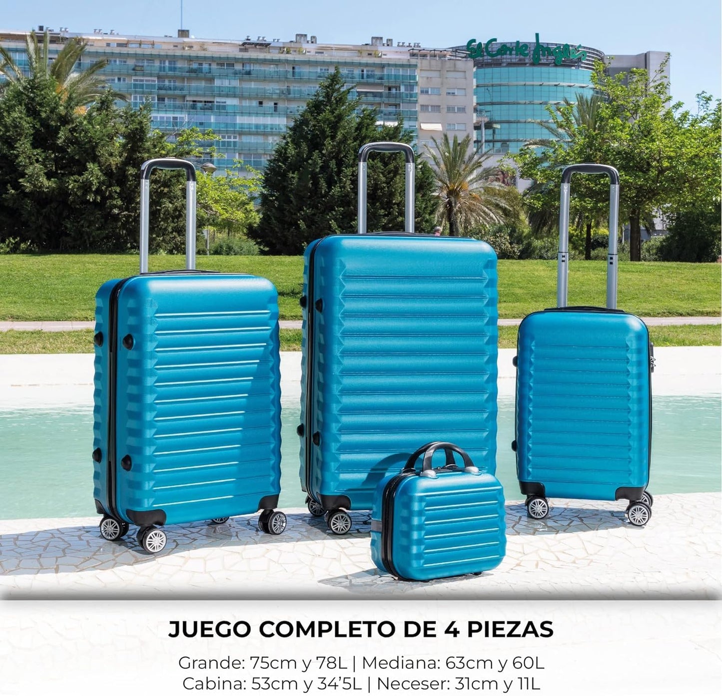 Set de Maletas Rígidas NUMADA 4 Piezas – Cabina 53 cm, Mediana 63 cm, Grande 75 cm y Neceser, ABS Eco Friendly, 4 Ruedas Dobles, Cierre de Combinación – Azul Eléctrico