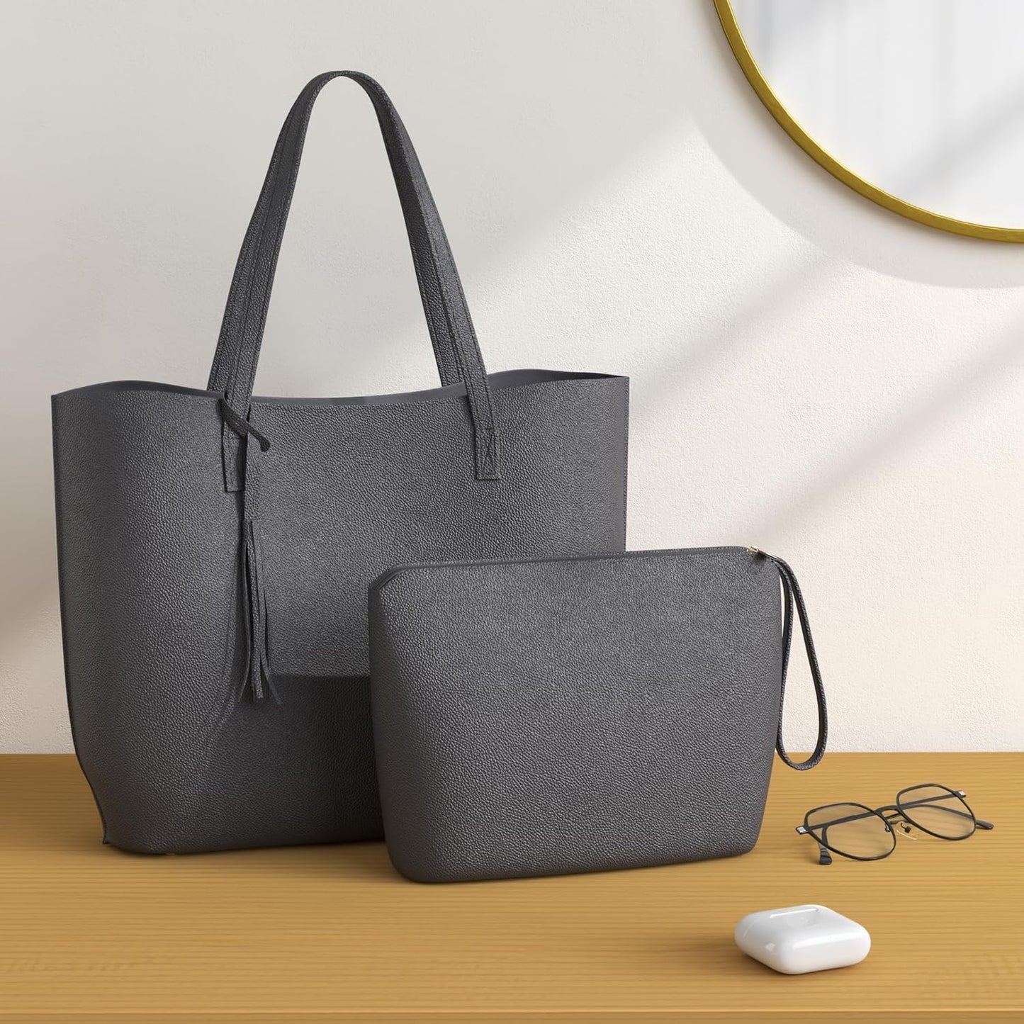 NUBILY Bolsos de Mujer Bolso Mujer Bolso Shopper Grandes Mujer Cuero PU Tote Bag para Universitarias Borla Bolsa de Playa Impermeable 2Pcs Set Negro