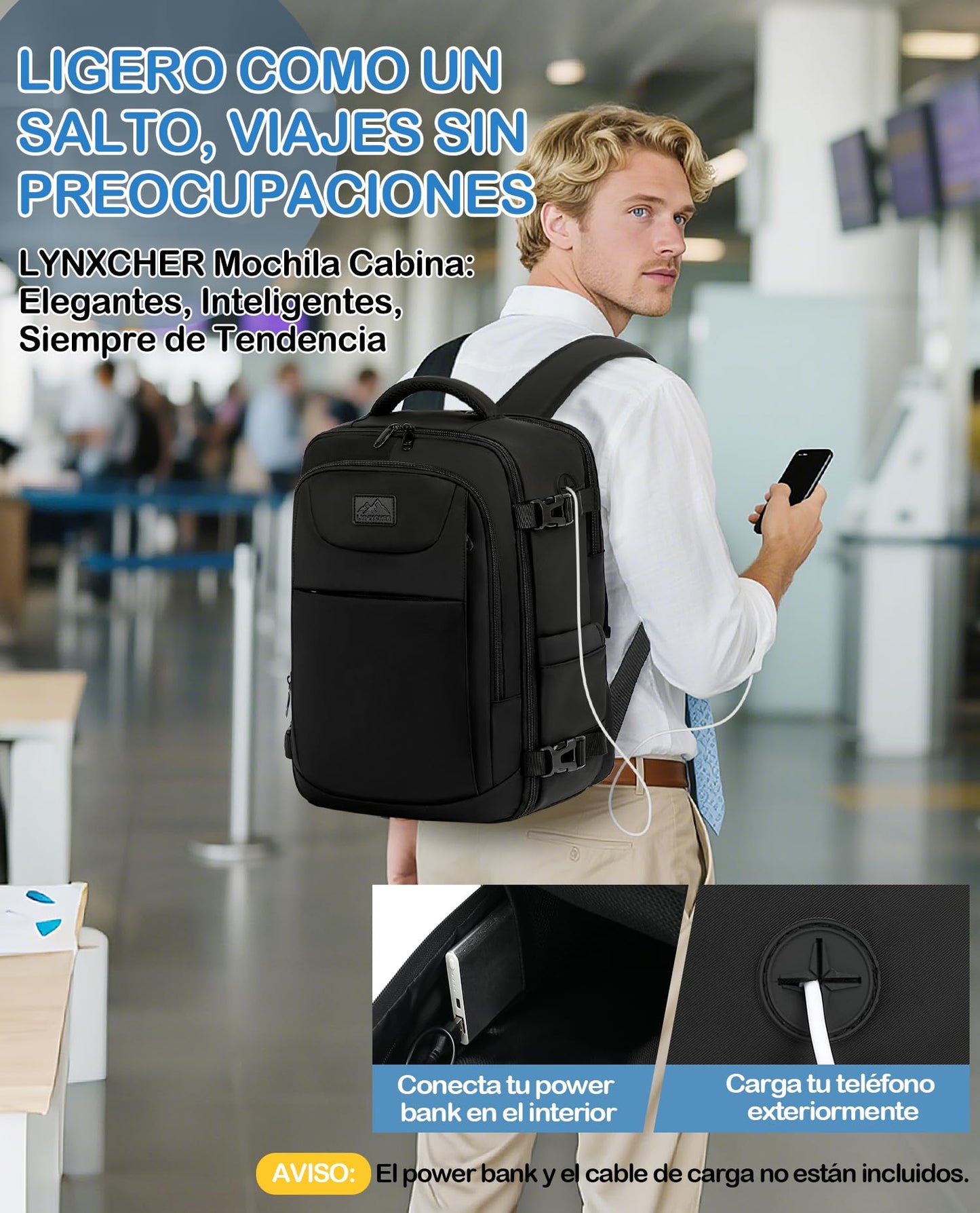 Mochila de Viaje LYNXCHER para Cabina de Avión 40x20x25 cm – Equipaje de Mano 20L para Portátil 14", Unisex, Color Negro