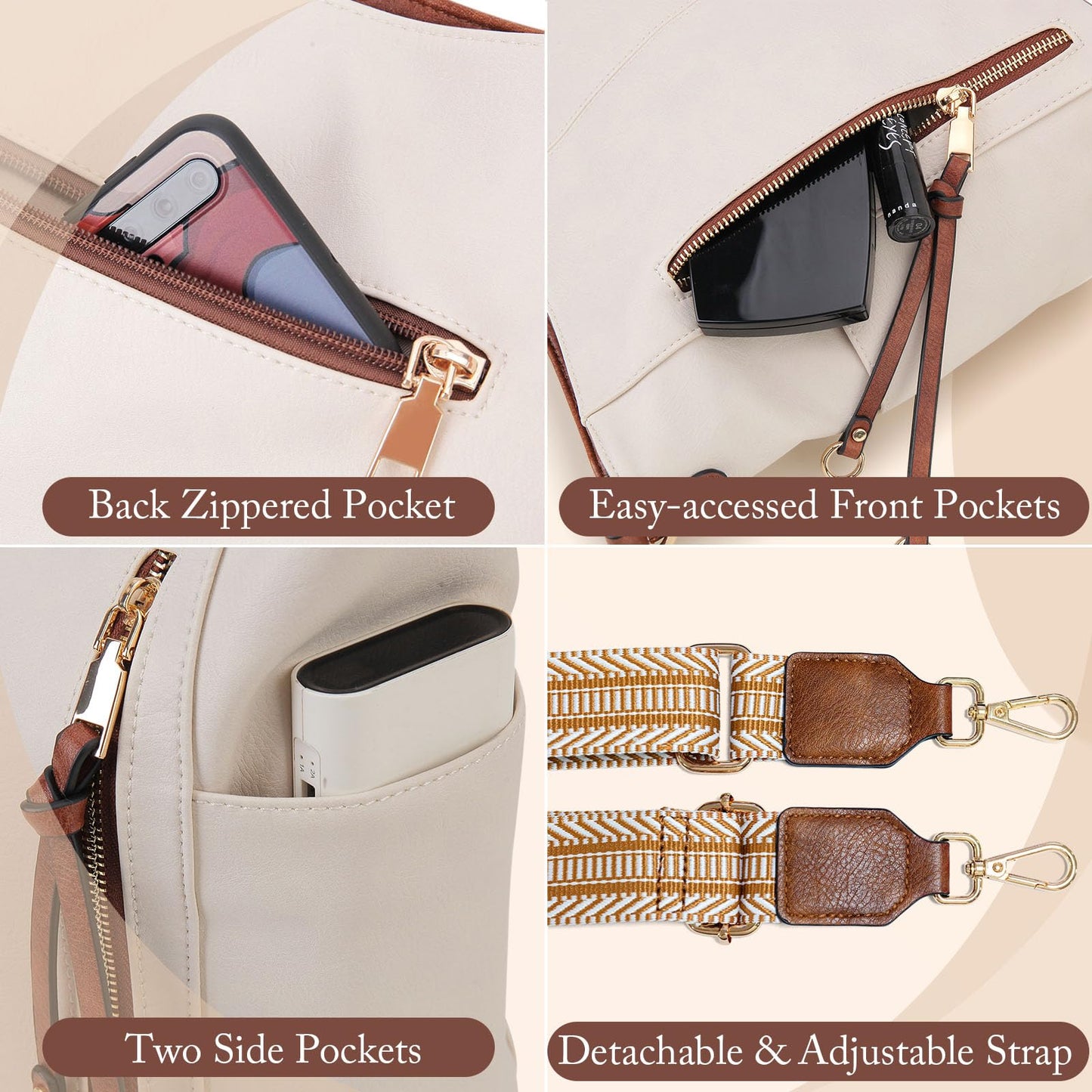 Set de 2 Bolsos Chase Chic para Mujer en Cuero PU – Hobo, Bandolera y Tote Grande, Colores Blanco y Marrón