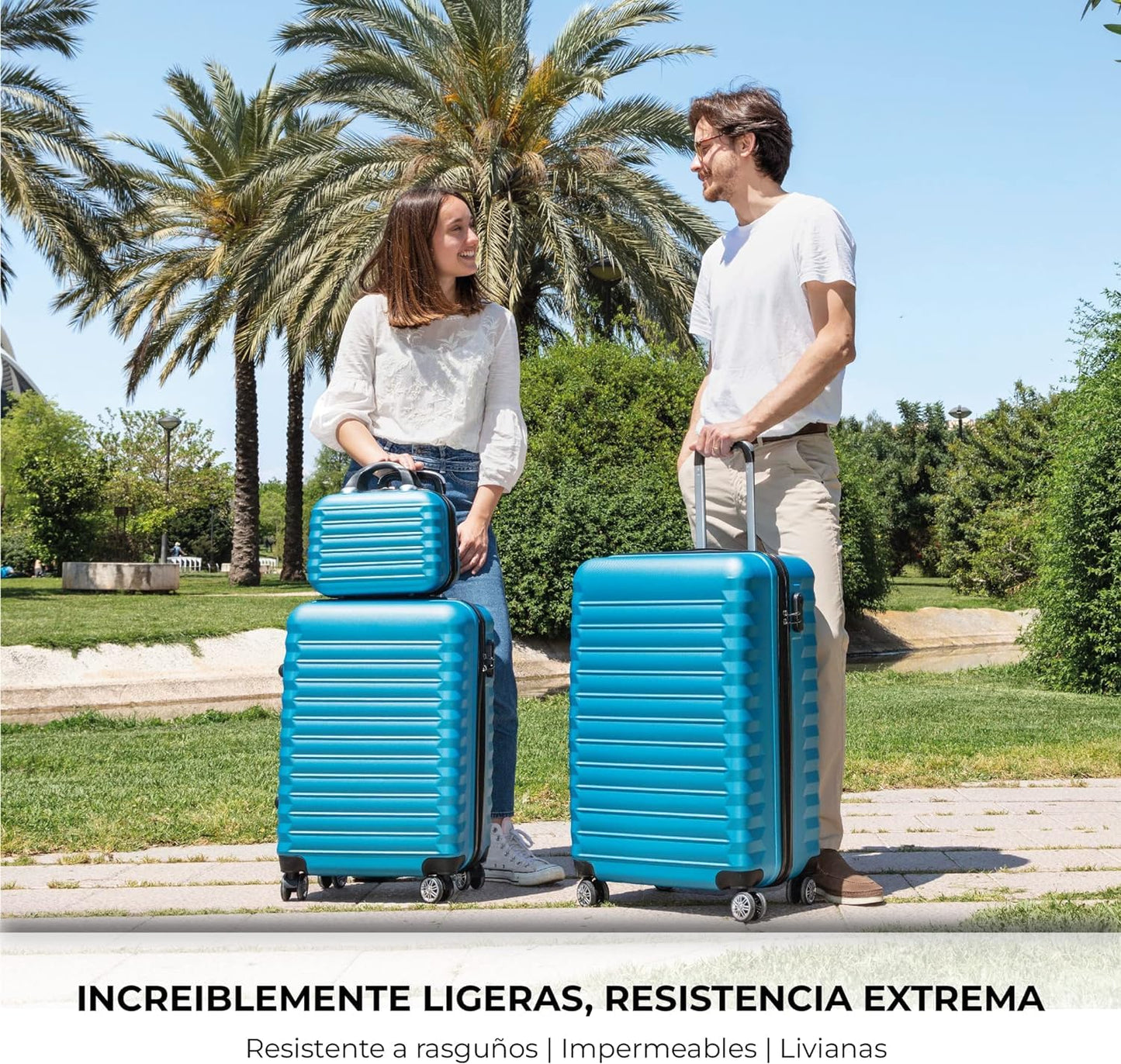 Set de Maletas Rígidas NUMADA 4 Piezas – Cabina 53 cm, Mediana 63 cm, Grande 75 cm y Neceser, ABS Eco Friendly, 4 Ruedas Dobles, Cierre de Combinación – Azul Eléctrico