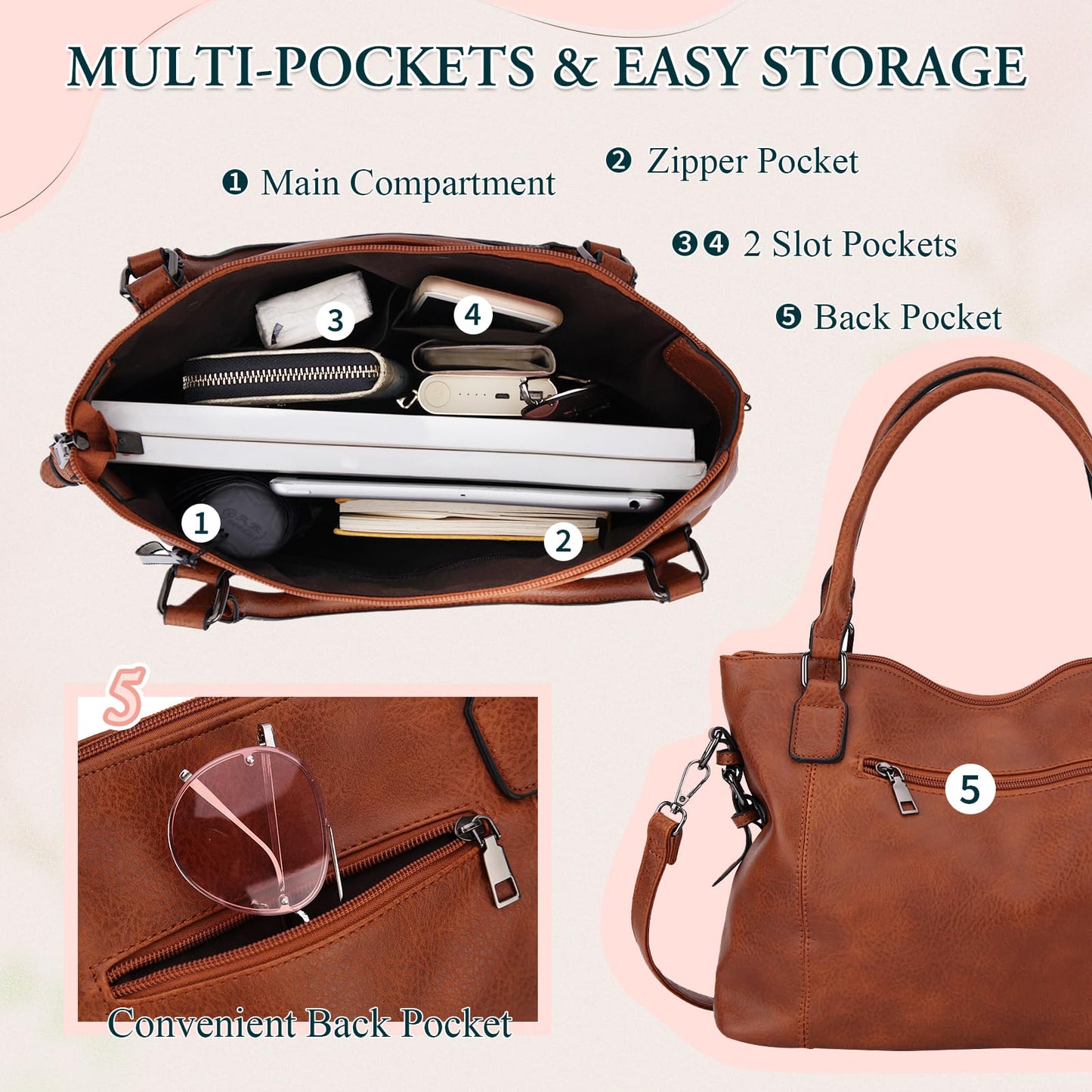 Bolso Bandolera MayBlosom para Mujer en Cuero PU con Correa Desmontable – Grande con Bolsillo Trasero, Ideal para Diario, Compras y Trabajo