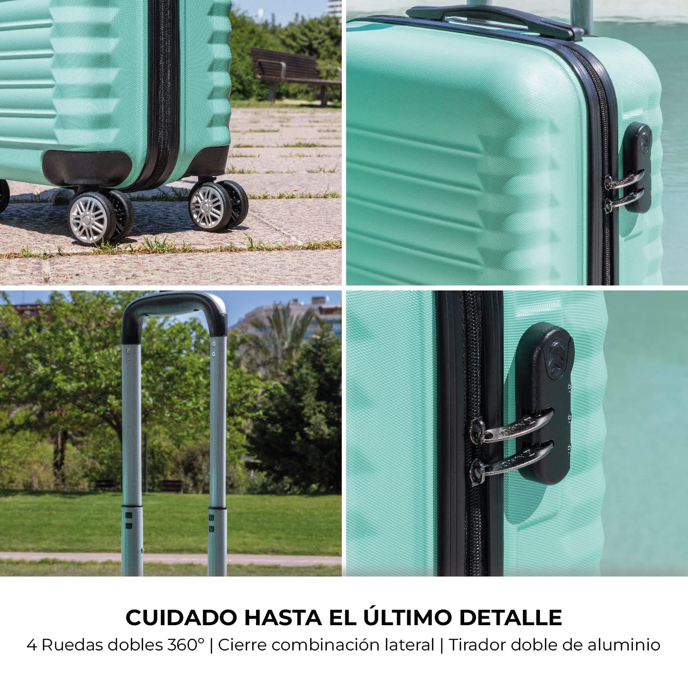 Set de 4 Maletas Rígidas NUMADA – Cabina 53 cm, Mediana 63 cm, Grande 75 cm y Neceser, ABS Eco Friendly, 4 Ruedas Dobles, Cierre de Combinación – Verde