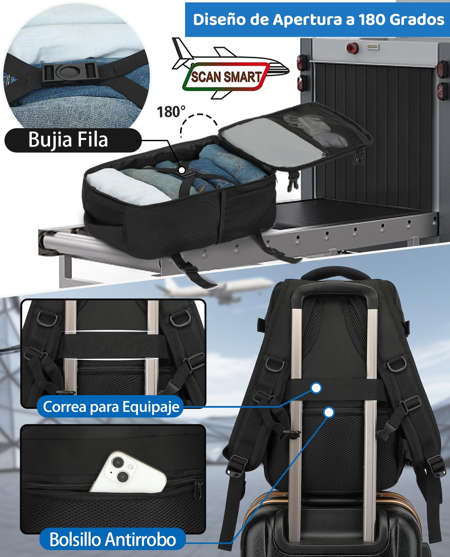 Mochila KLOSTAIN para Viaje de Cabina 40x20x25 cm – Equipaje de Mano 20L para Portátil 14", Unisex, Ideal para Trabajo y Escuela, Color Negro