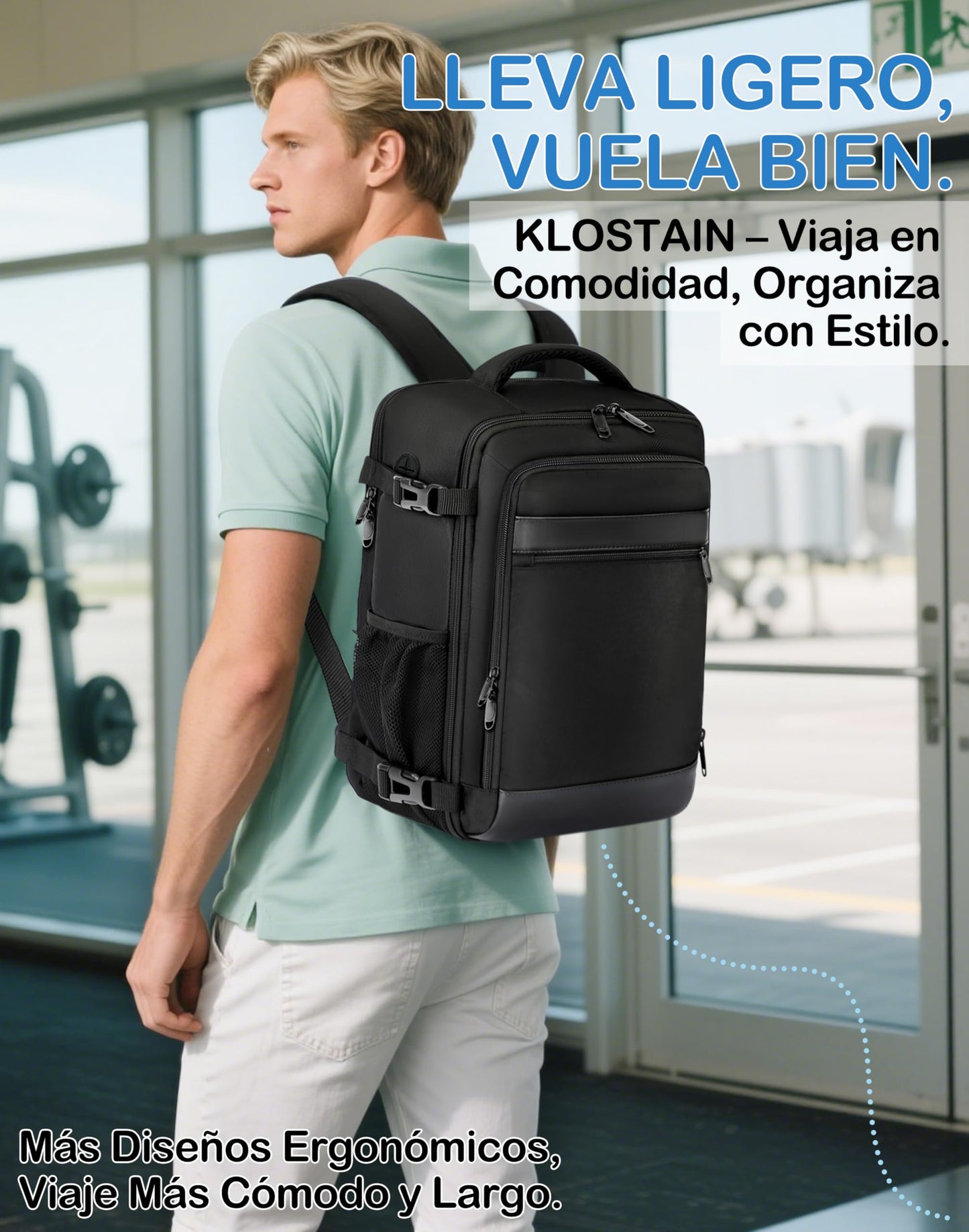 Mochila KLOSTAIN para Viaje de Cabina 40x20x25 cm – Equipaje de Mano 20L para Portátil 14", Unisex, Ideal para Trabajo y Escuela, Color Negro