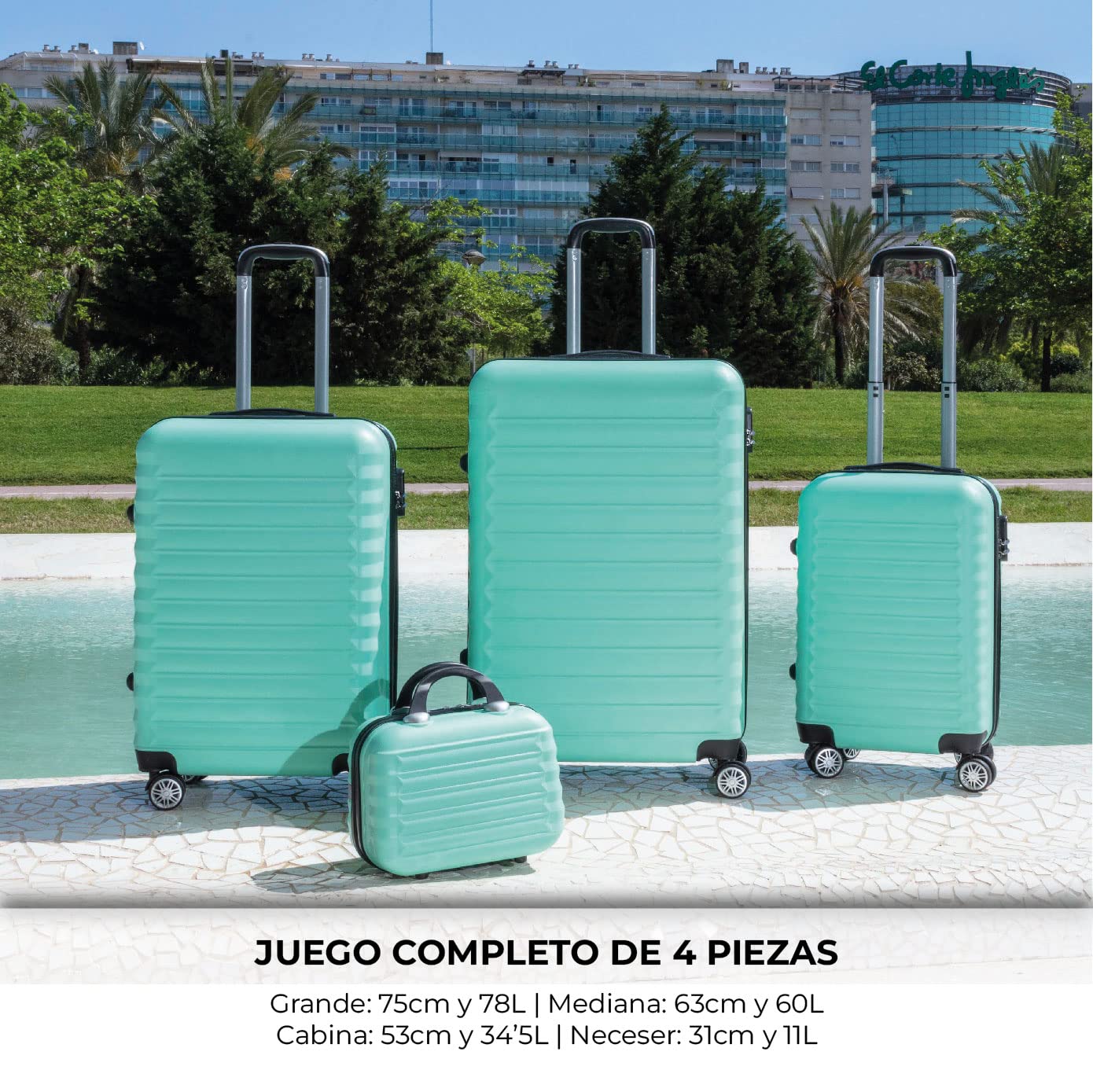 Set de 4 Maletas Rígidas NUMADA – Cabina 53 cm, Mediana 63 cm, Grande 75 cm y Neceser, ABS Eco Friendly, 4 Ruedas Dobles, Cierre de Combinación – Verde