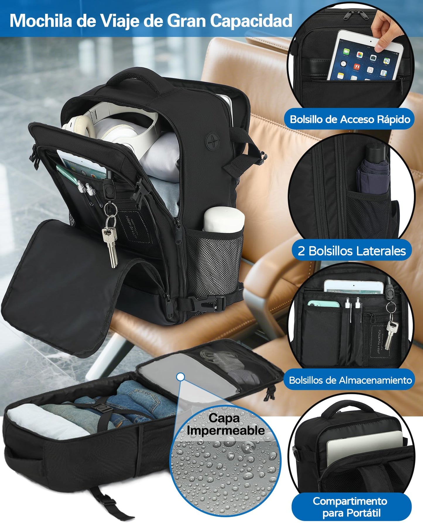 Mochila KLOSTAIN para Viaje de Cabina 40x20x25 cm – Equipaje de Mano 20L para Portátil 14", Unisex, Ideal para Trabajo y Escuela, Color Negro