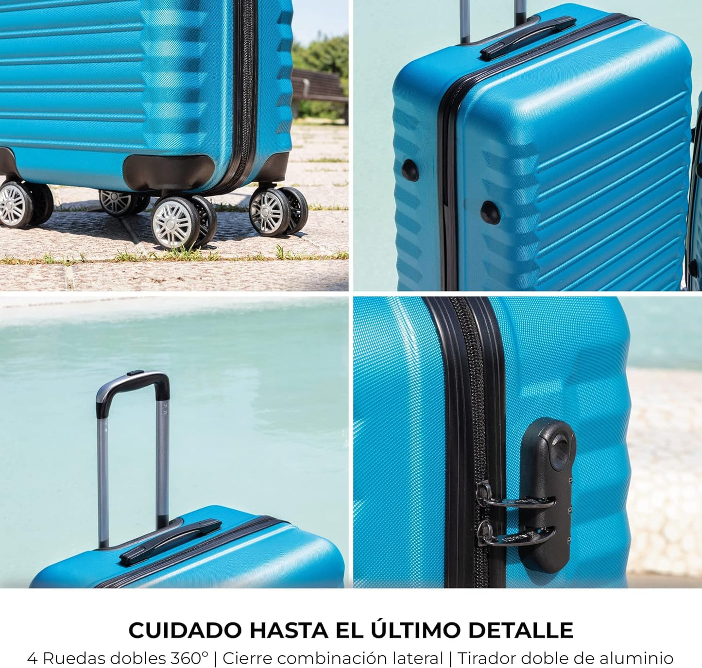 Set de Maletas Rígidas NUMADA 4 Piezas – Cabina 53 cm, Mediana 63 cm, Grande 75 cm y Neceser, ABS Eco Friendly, 4 Ruedas Dobles, Cierre de Combinación – Azul Eléctrico