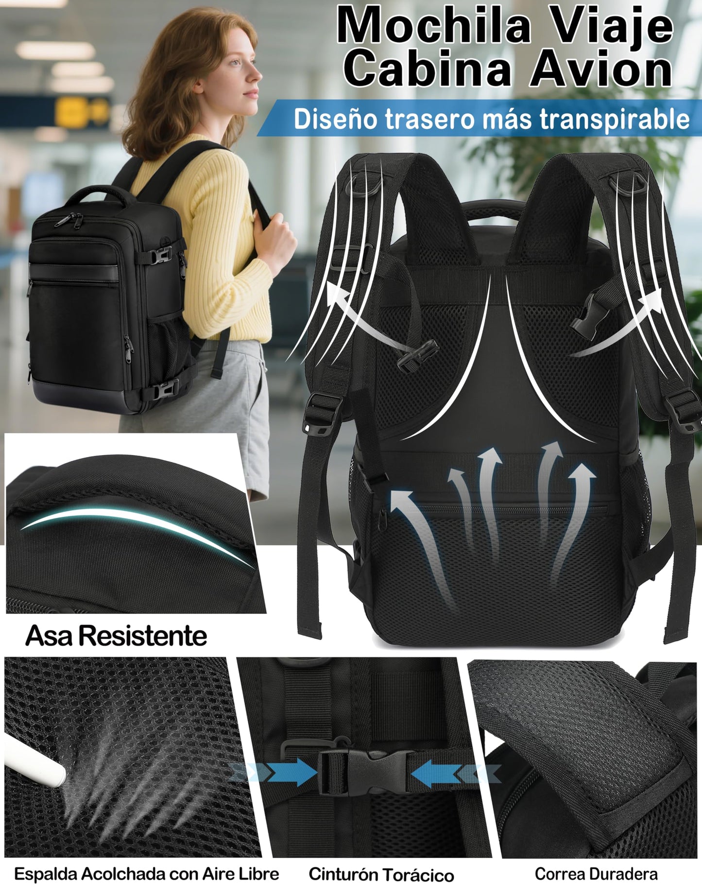 Mochila KLOSTAIN para Viaje de Cabina 40x20x25 cm – Equipaje de Mano 20L para Portátil 14", Unisex, Ideal para Trabajo y Escuela, Color Negro