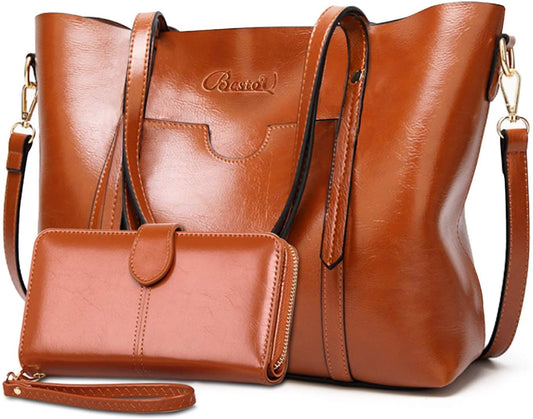 Set de 2 Bolsos de Mujer en Cuero PU Marrón – Bolso Bandolera Tote Grande y Billetera