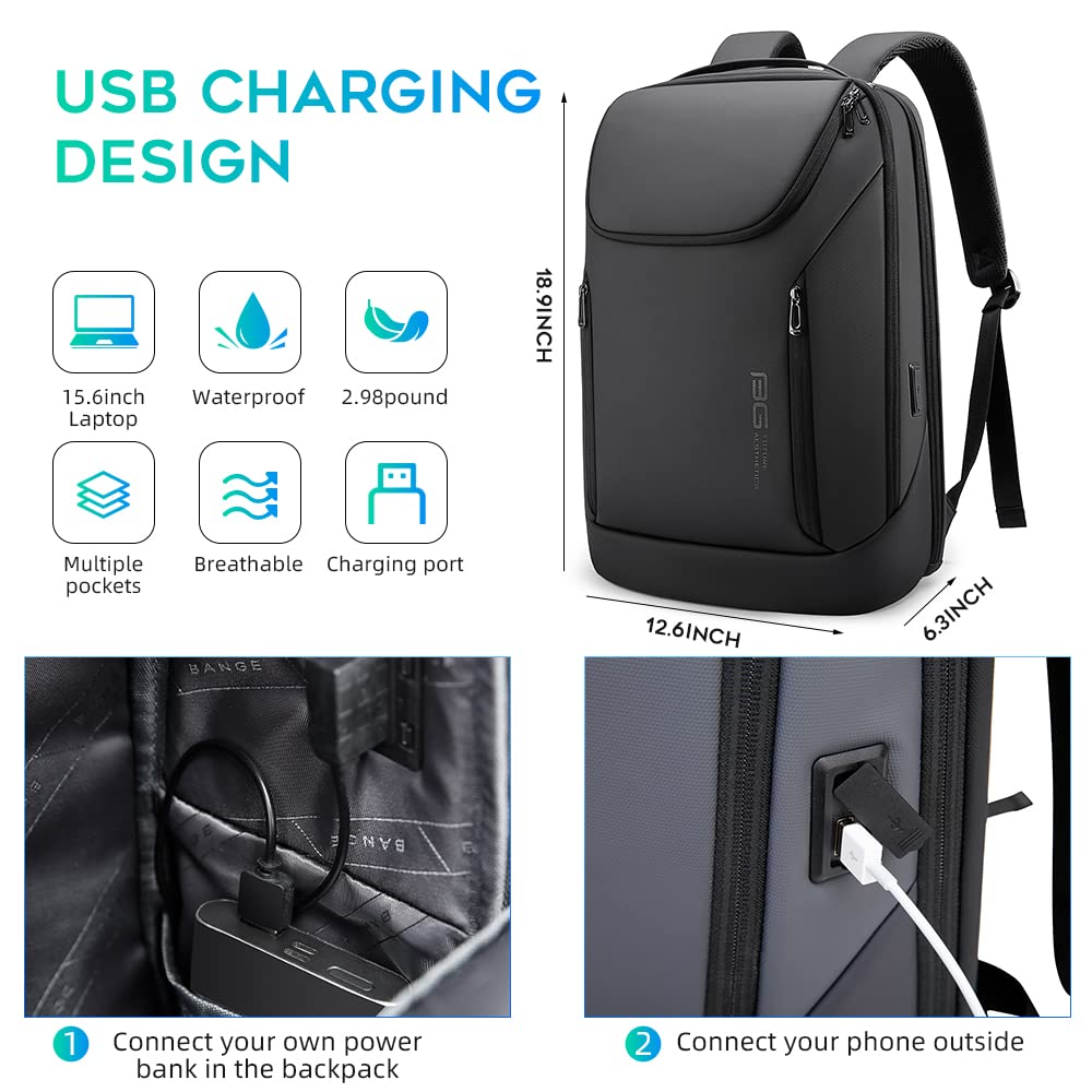 Mochila de Negocios Impermeable BANGE para Laptop 15.6" con Puerto de Carga USB – Tres Bolsillos, Tamaño L, Color Negro